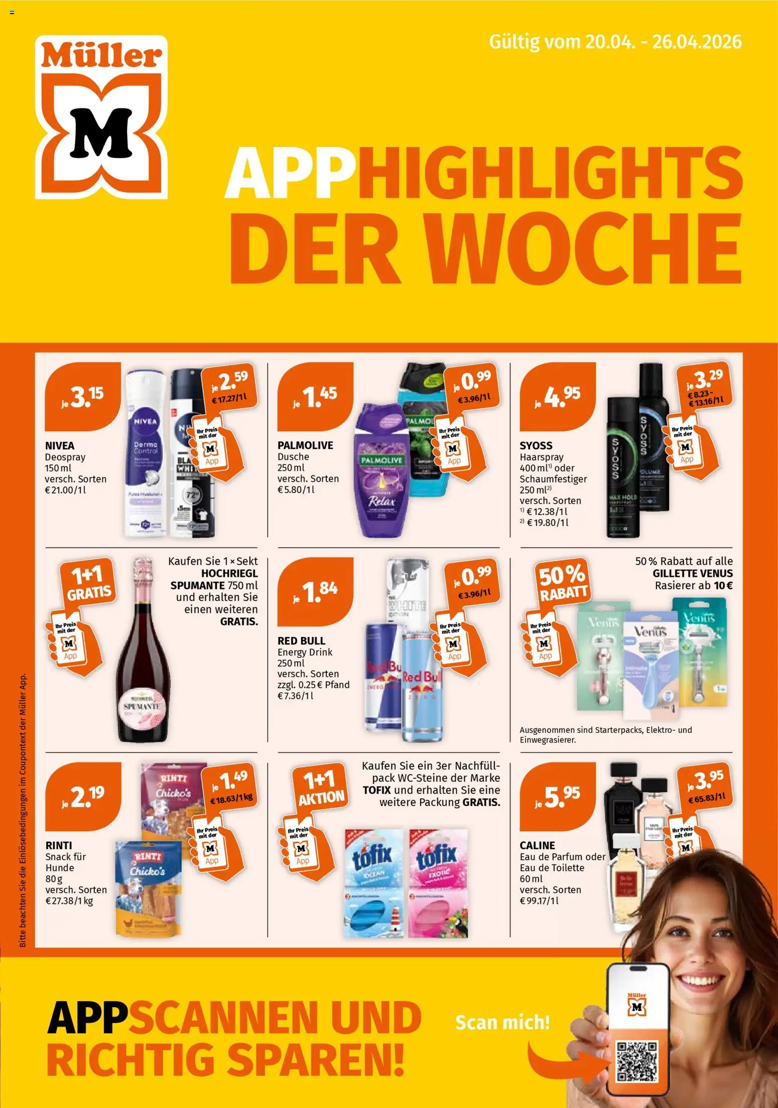 Müller Flugblatt gültig ab 20.04.2026 | Seite: 1 | Produkte: Rasierer, Dusche, Parfüm, Haarspray
