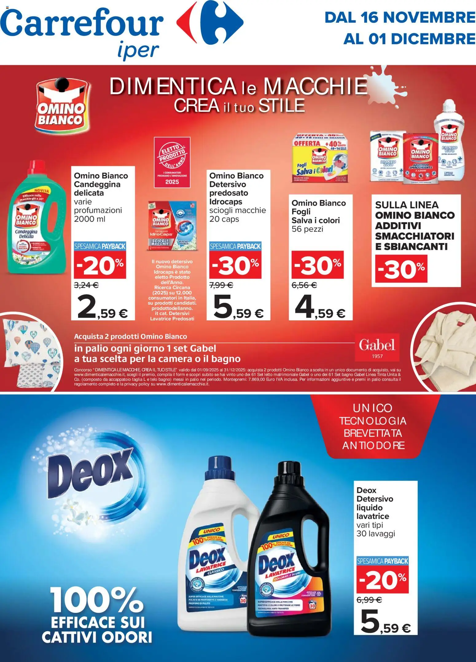 Volantino Carrefour del 16.11.2025 | Pagina: 1 | Prodotti: Candeggina, Accappatoio, Letto, Bagno
