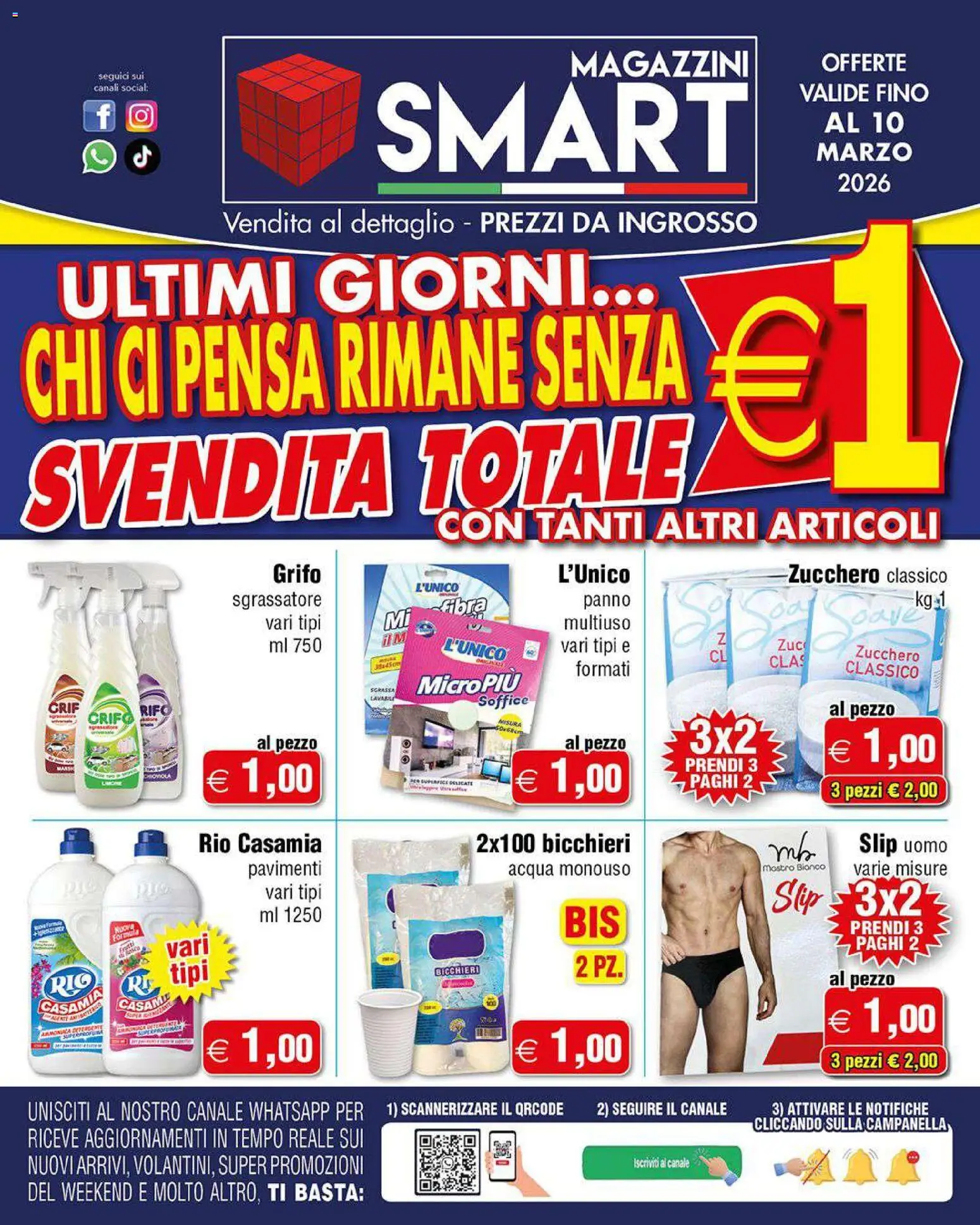 Volantino Magazzini Smart del 05.03.2026 | Pagina: 1 | Prodotti: Sgrassatore, Slip, Acqua, Zucchero