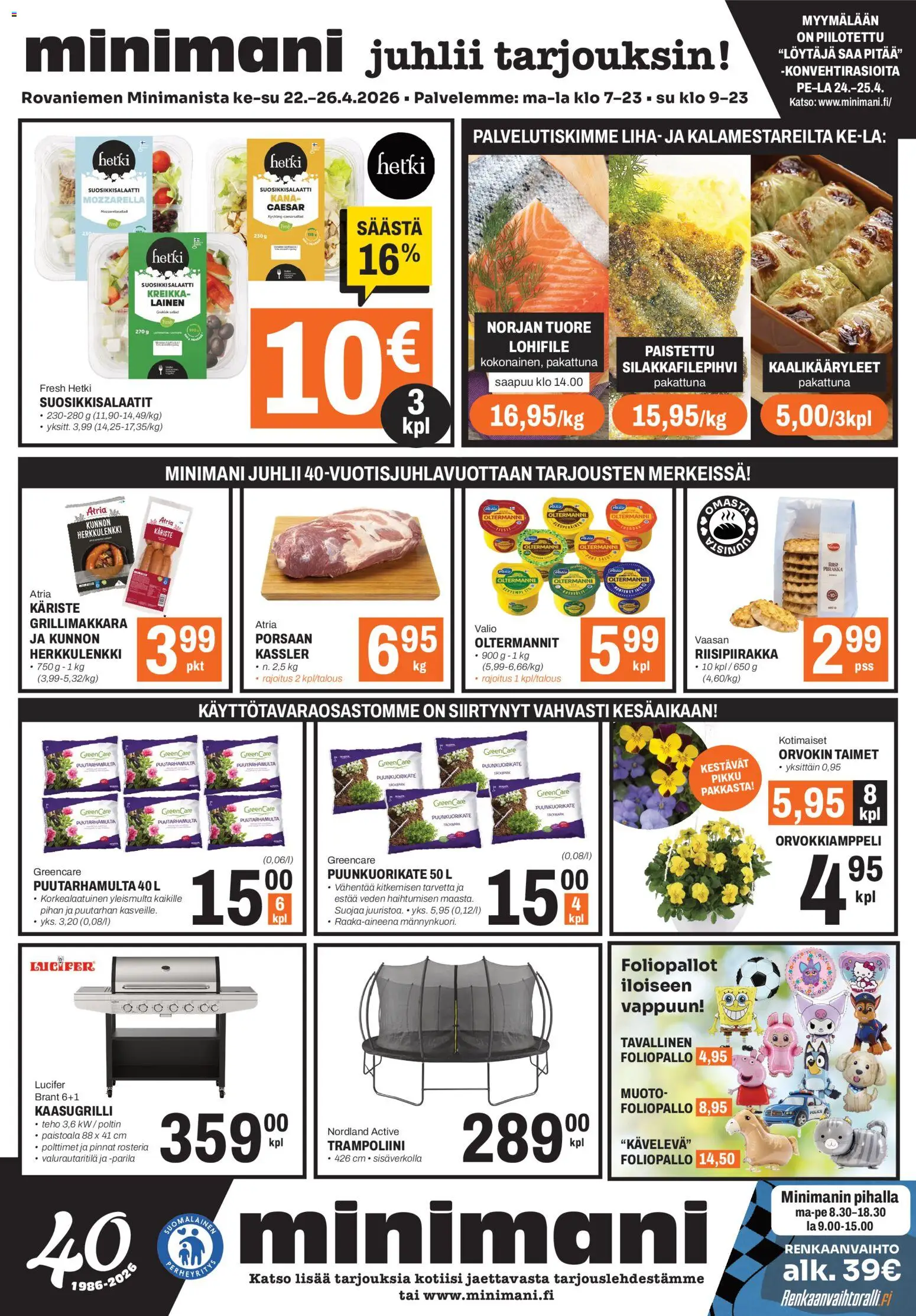Minimani Tarjoukset - Rovaniemi – voimassa 22.04.2026 alkaen | Sivu: 1 | Tuotteet: Mozzarella, Kana, Grillimakkara, Trampoliini
