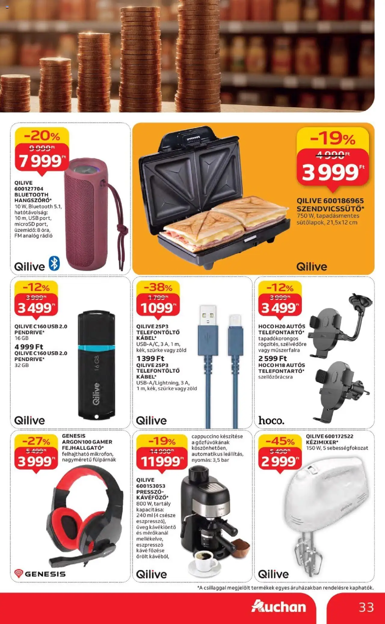 Auchan akciós ujság - amely érvényes a következő dátumtól: 18.09.2025 | Oldal: 33 | Termékek: Rádió, Cappuccino, USB, Kávé