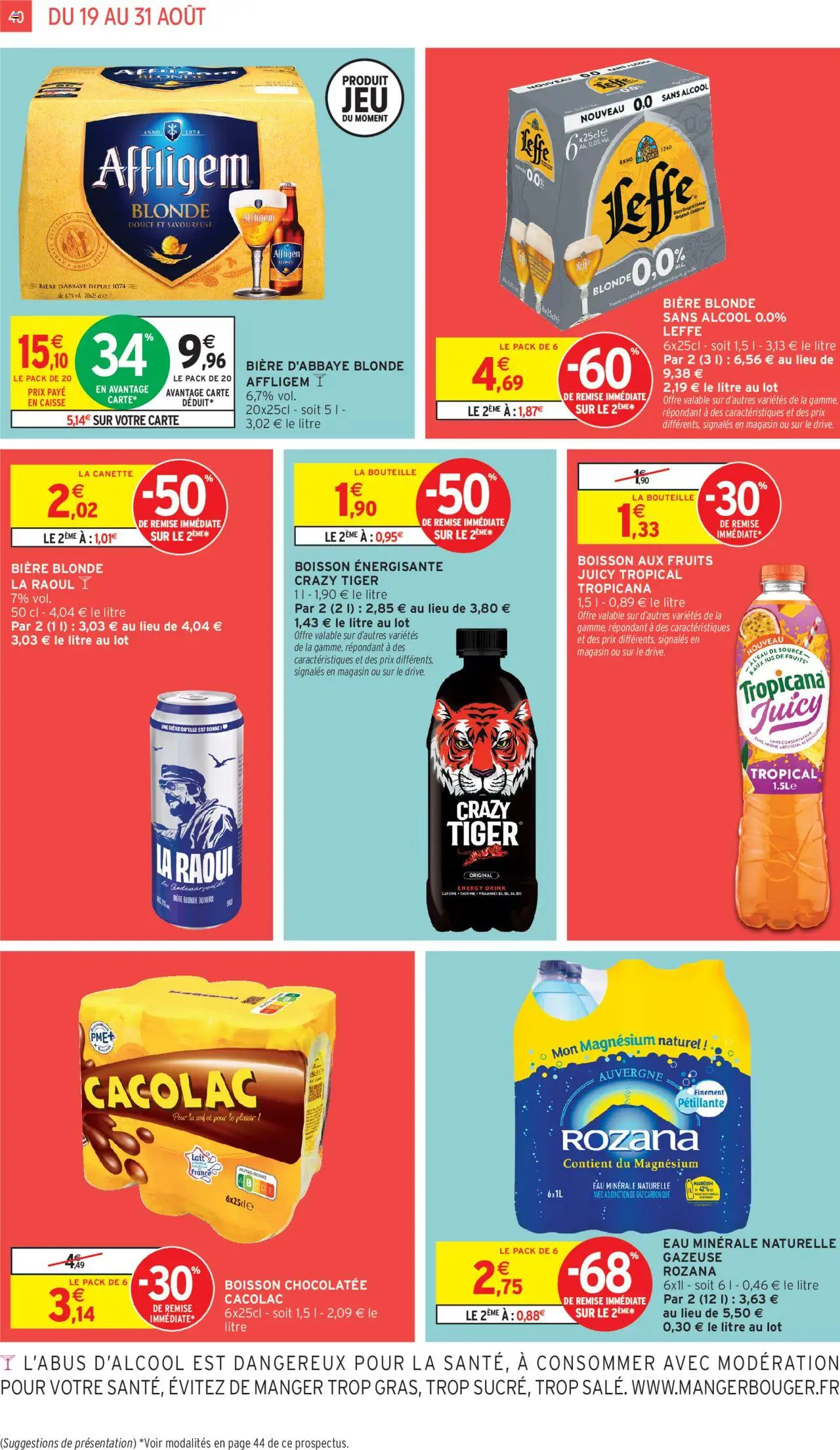  | Page: 40 | Produits: Eau minérale, Bière blonde, Crazy Tiger, Jus