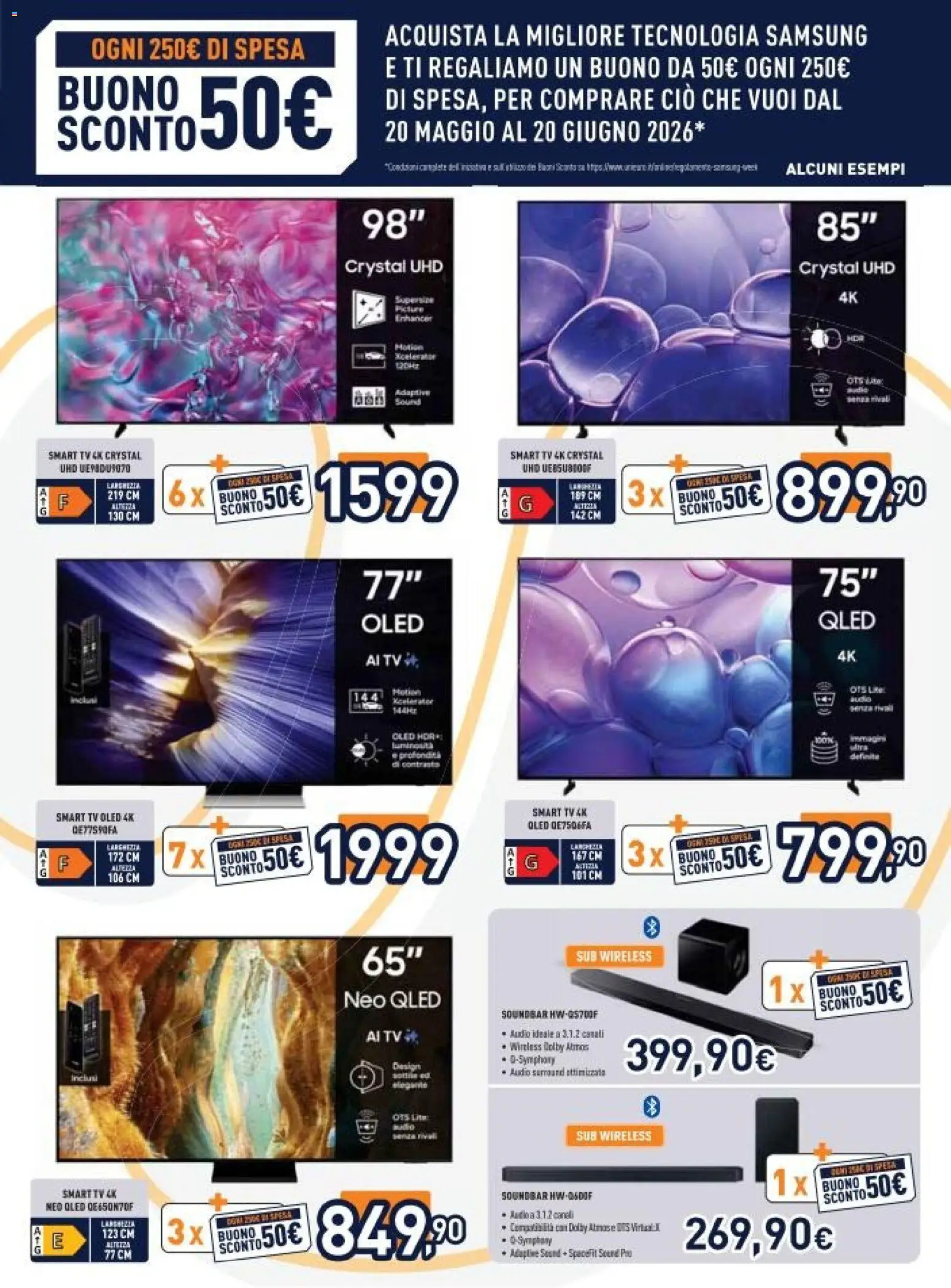 Volantino Unieuro del 20.04.2026 | Pagina: 5 | Prodotti: Soundbar, TV, Audio, Samsung