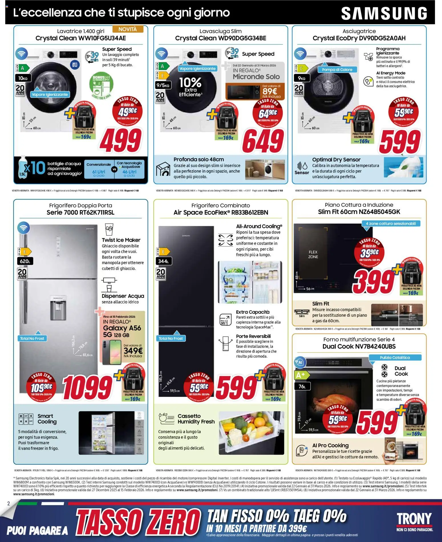 Volantino Trony del 15.01.2026 | Pagina: 2 | Prodotti: Lavatrice, Piano cottura, Asciugatrice, Samsung