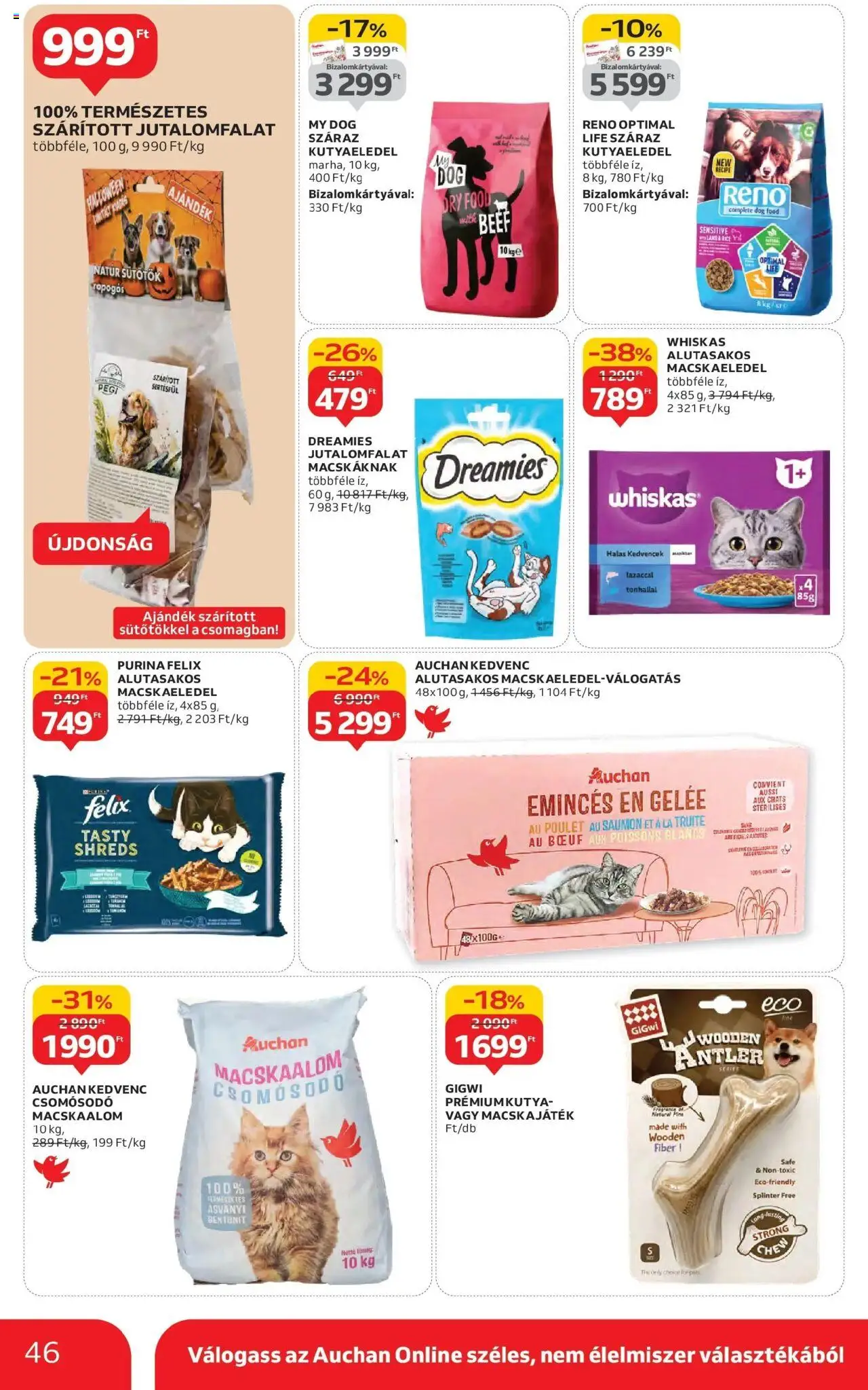 Auchan akciós ujság - amely érvényes a következő dátumtól: 16.10.2025 | Oldal: 46 | Termékek: Macskaalom, Macskaeledel, Kutyaeledel, Whiskas