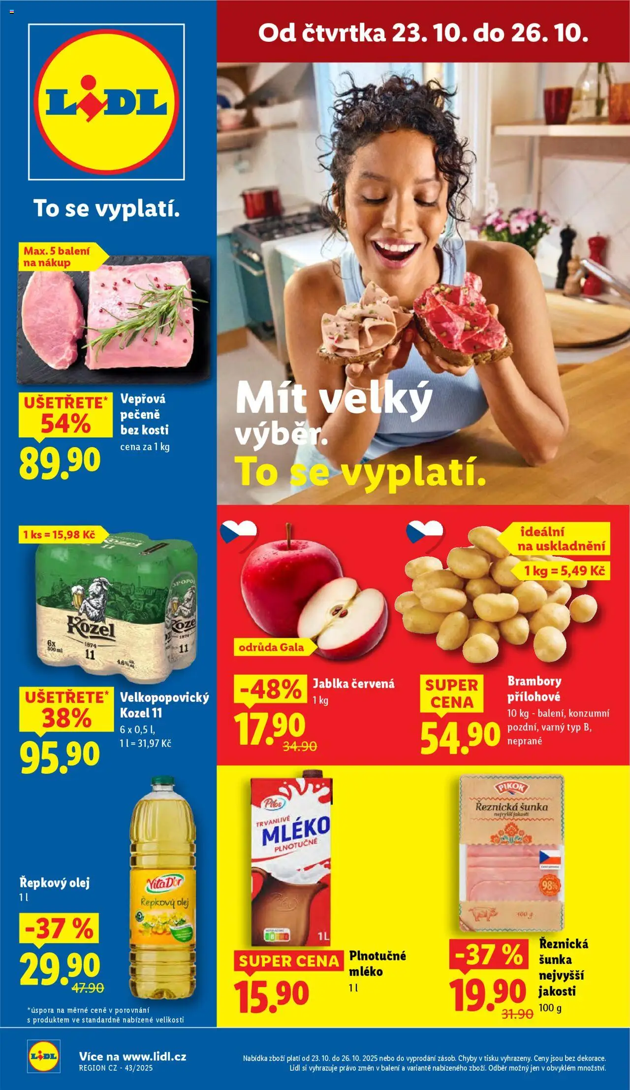 Lidl leták od 23.10.2025 | Strana: 1 | Produkty: Šunka, Kozel, Velkopopovický Kozel, Kozel 11
