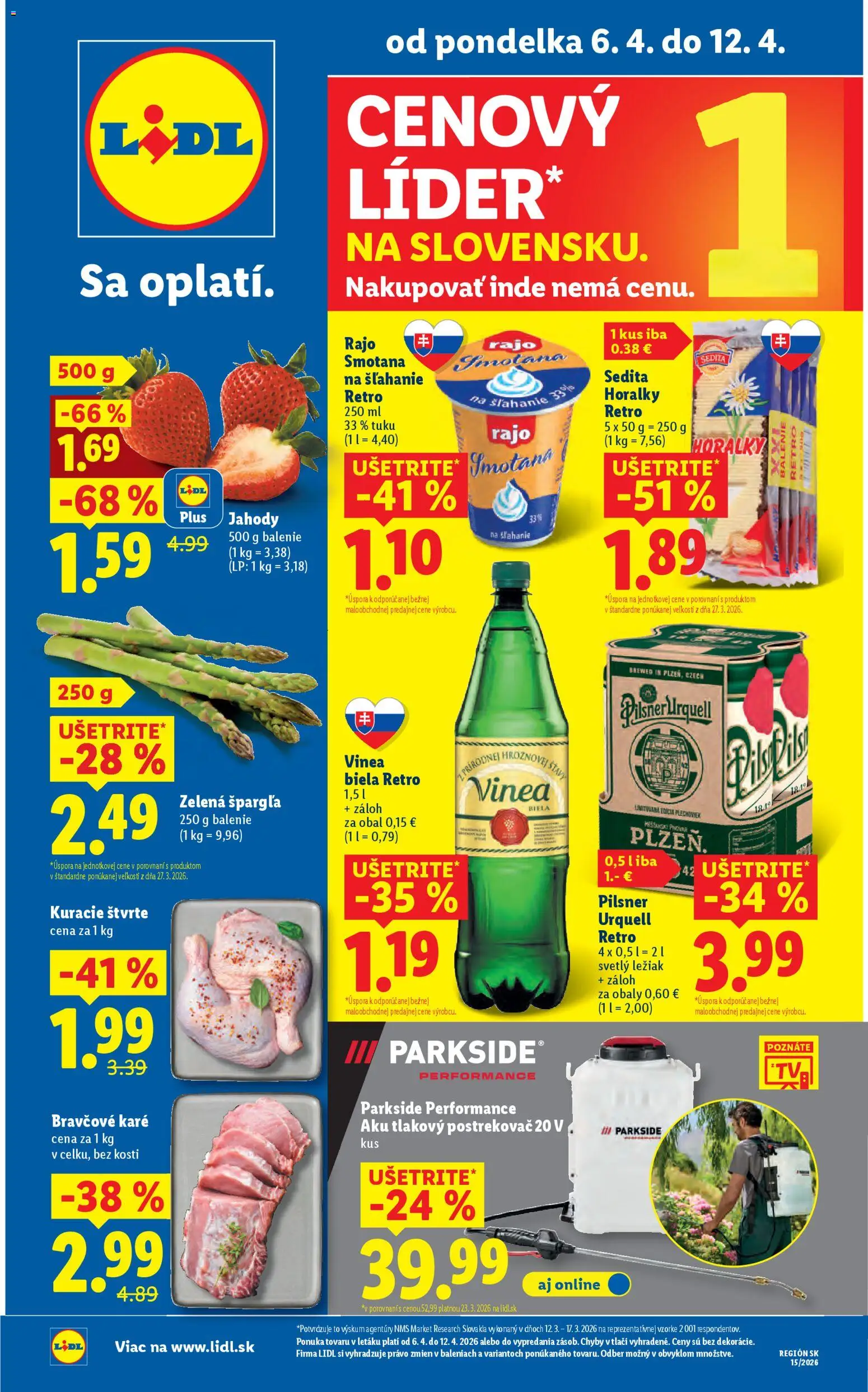 Nové Lidl akcie – leták je platný od 06.04.2026 | Strana: 1 | Produkty: Aku, Parkside, Pilsner Urquell, Smotana