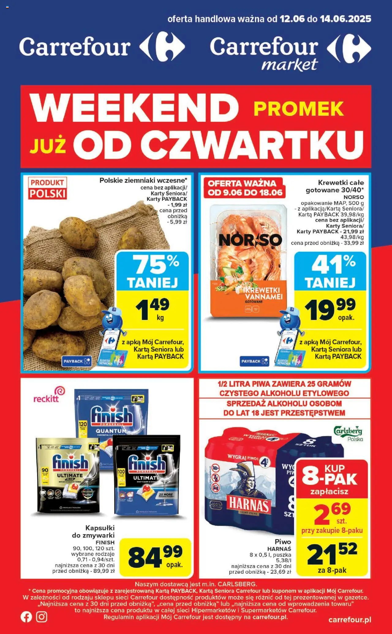 Carrefour Gazetka - Weekend promek już od czwartku od 12.06.2025 | Strona: 1 | Produkty: Harnaś, Krewetki vannamei, Finish, Ziemniaki