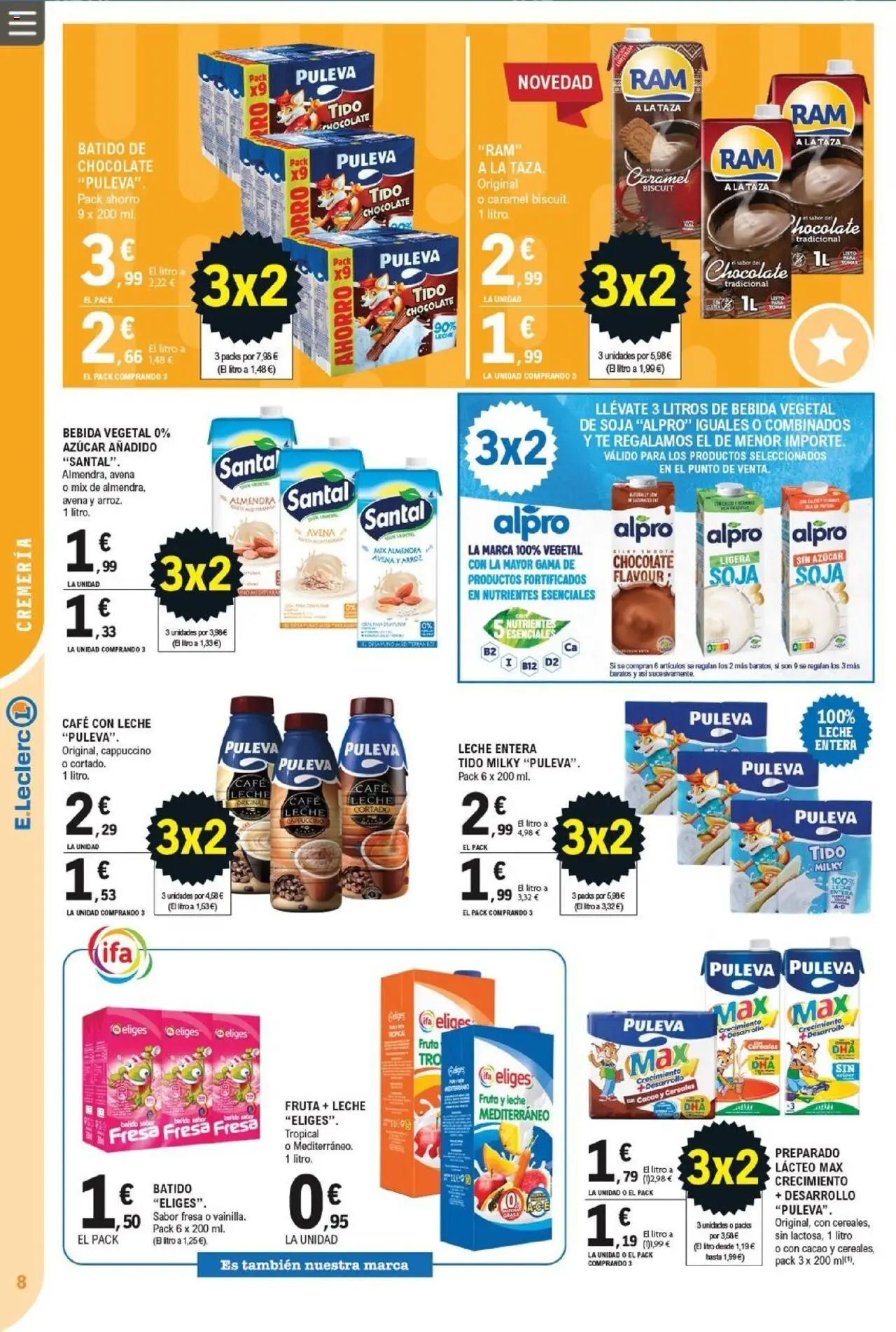 E.Leclerc folleto │ válido desde el 22.10.2025 | Página: 8 | Productos: Café con leche, Leche, Café, Φρυγανιές σικάλεως