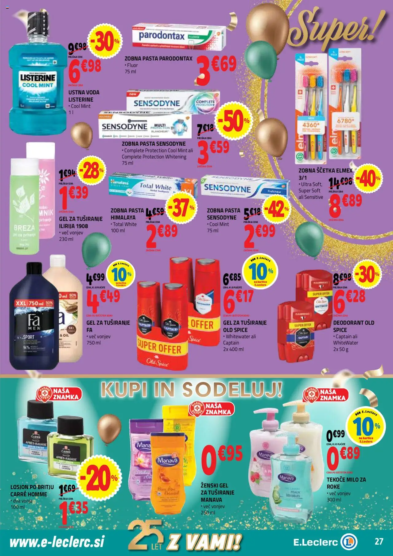 Novi E.leclerc katalog ponudbe – veljaven od 22.10.2025 | Stran: 27 | Izdelki: Deodorant, Zobna pasta, Zobna scetka, Voda