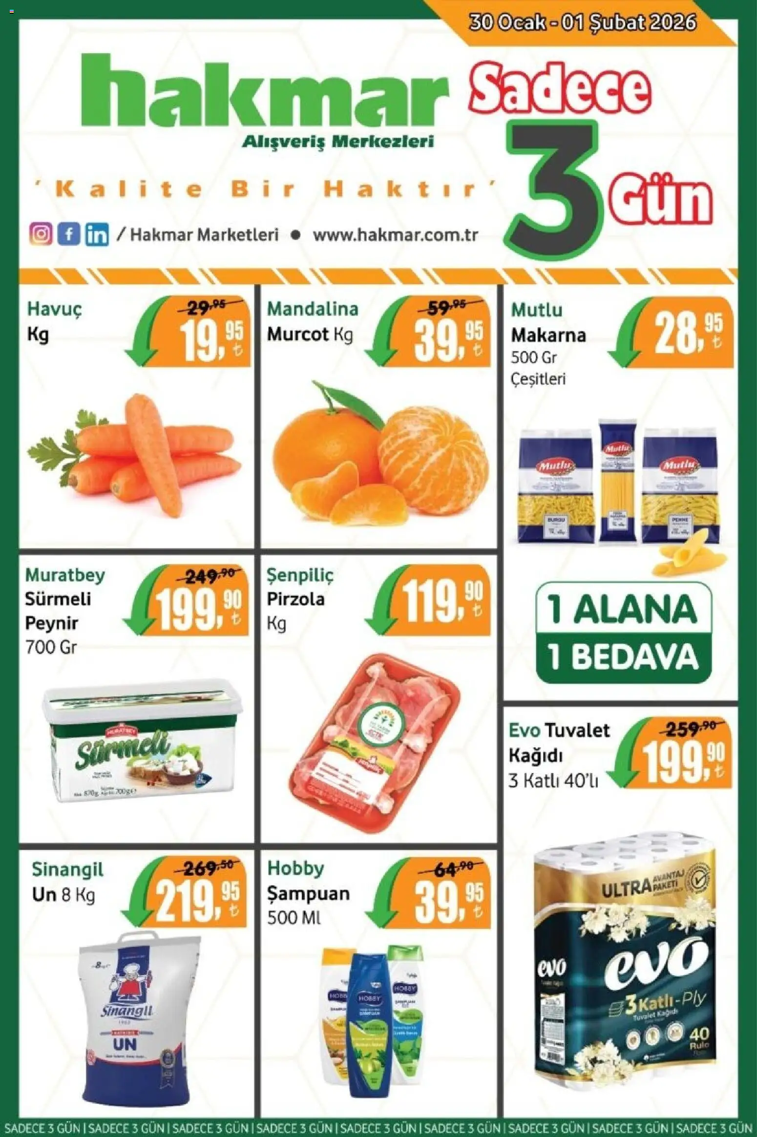 Hakmar - Katalog Sadece 3 Gün - 30.01.2026 tarihinden itibaren geçerlidir | Sayfa: 1 | Ürünler: Şampuan, Peynir, Havuç, Tuvalet kağıdı