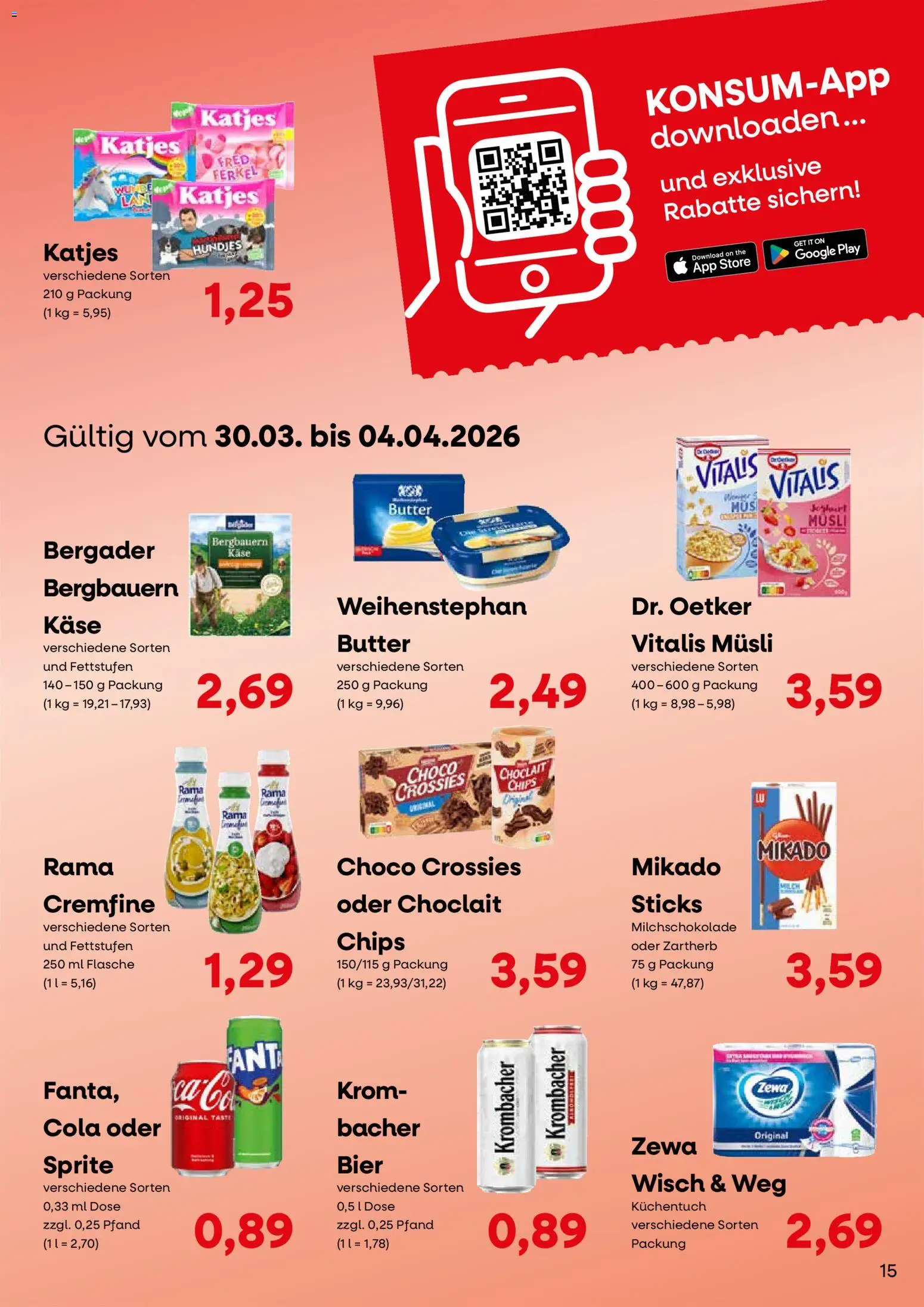 KONSUM Leipzig Kundenjournal – gültig ab 23.03.2026 | Seite: 15 | Produkte: Rama, Butter, Käse, Krombacher