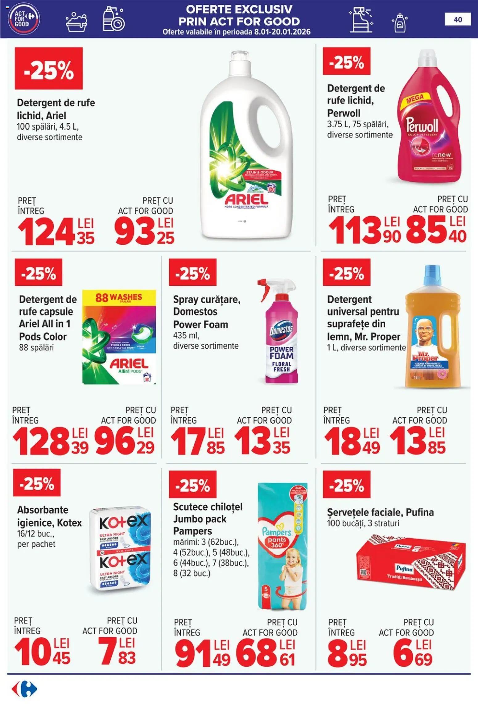 Noul catalog Carrefour – valabil de la 08.01.2026 | Pagină: 40 | Produse: Detergent, Absorbante, Scutece
