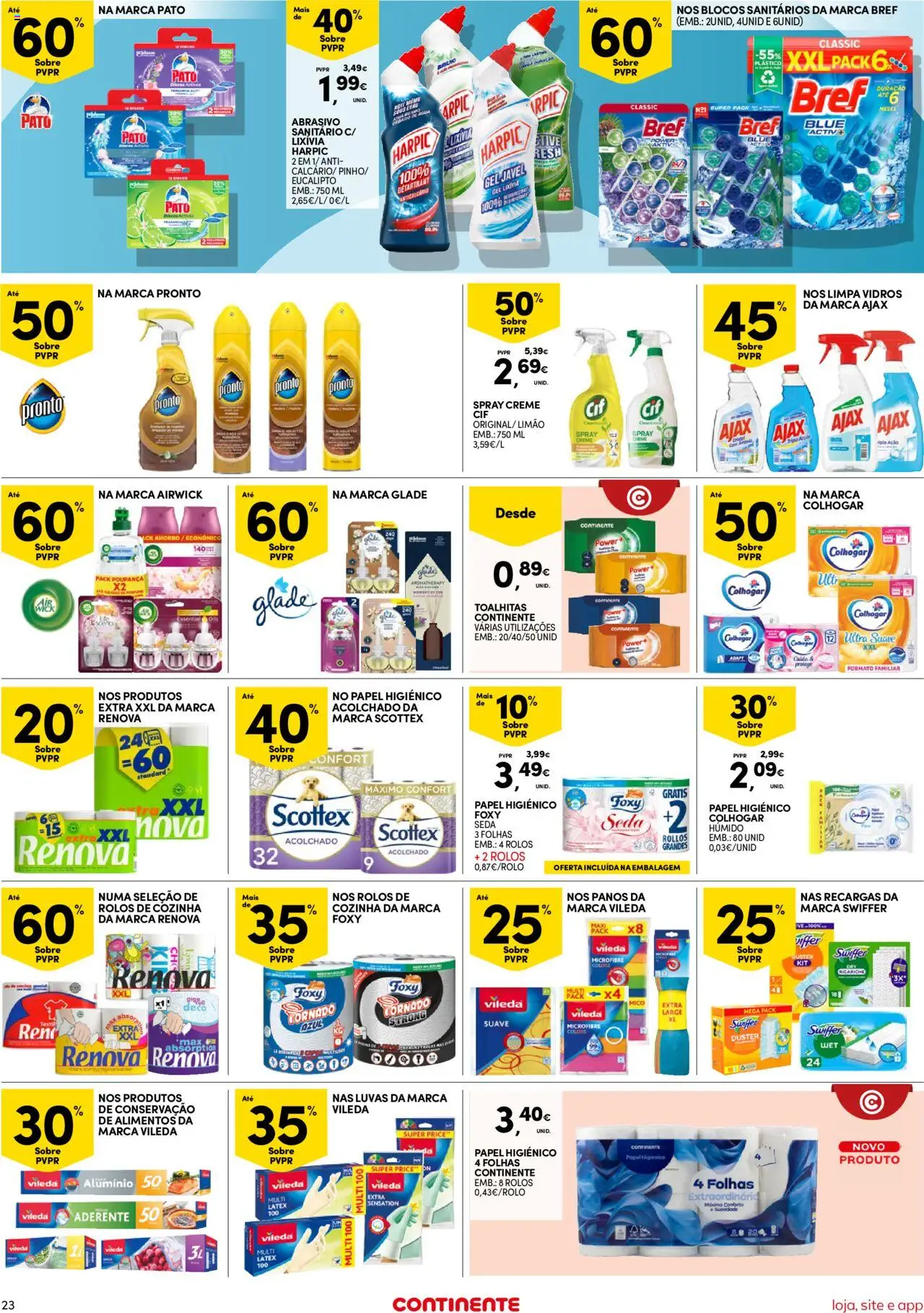 Continente Semanal Continente Bom Dia │ válido de 21.10.2025 | Página: 23 | Produtos: Luvas, Papel higiénico, Limpa vidros, Creme