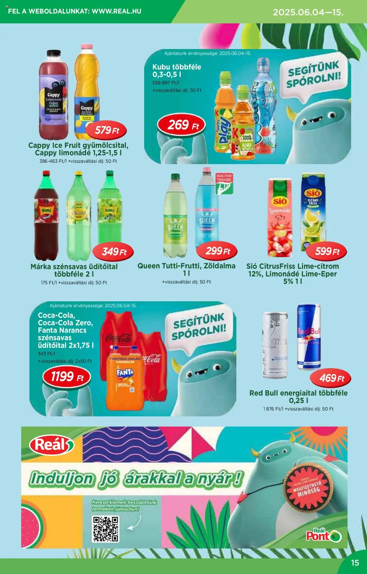 Reál akciós ujság - amely érvényes a következő dátumtól: 04.06.2025 | Oldal: 15 | Termékek: Fanta, Red bull, Alma, Narancs