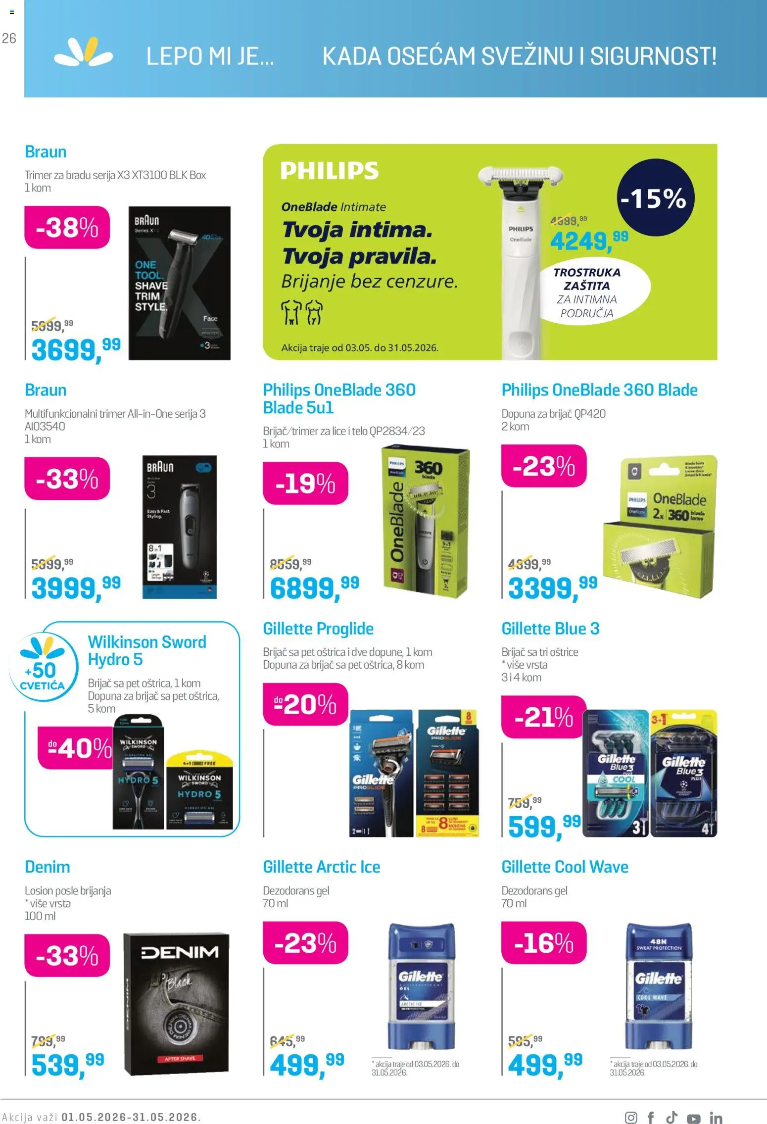 Lilly drogerie katalog - važi od 01.05.2026 | Strana: 26 | Proizvode: Gillette, Brijač, Losion posle brijanja, Trimer