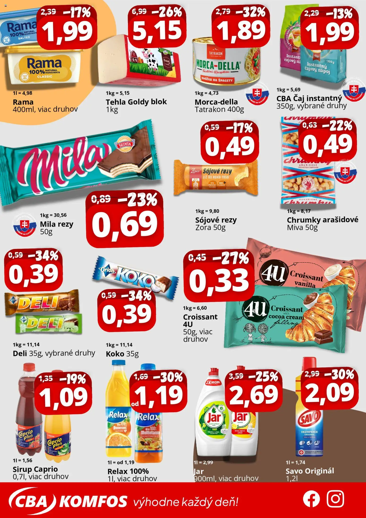 Nové CBA Komfos akcie – leták je platný od 23.01.2026 | Strana: 2 | Produkty: Čaj, Mila, Omáčka, Rama