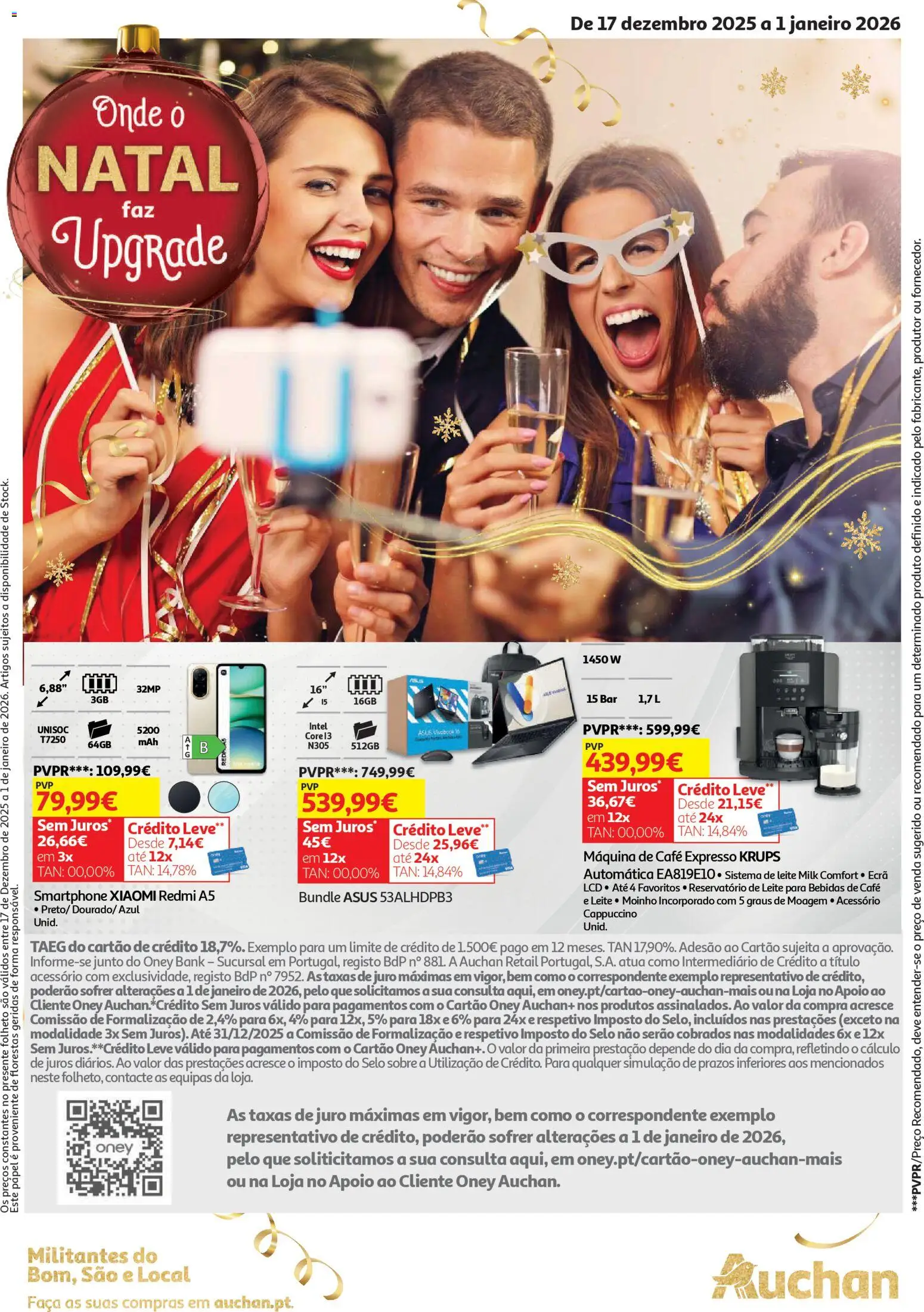 Auchan - Onde o Natal faz upgrade │ válido de 17.12.2025 | Página: 1 | Produtos: Smartphone, Faca, Máquina de café, Café