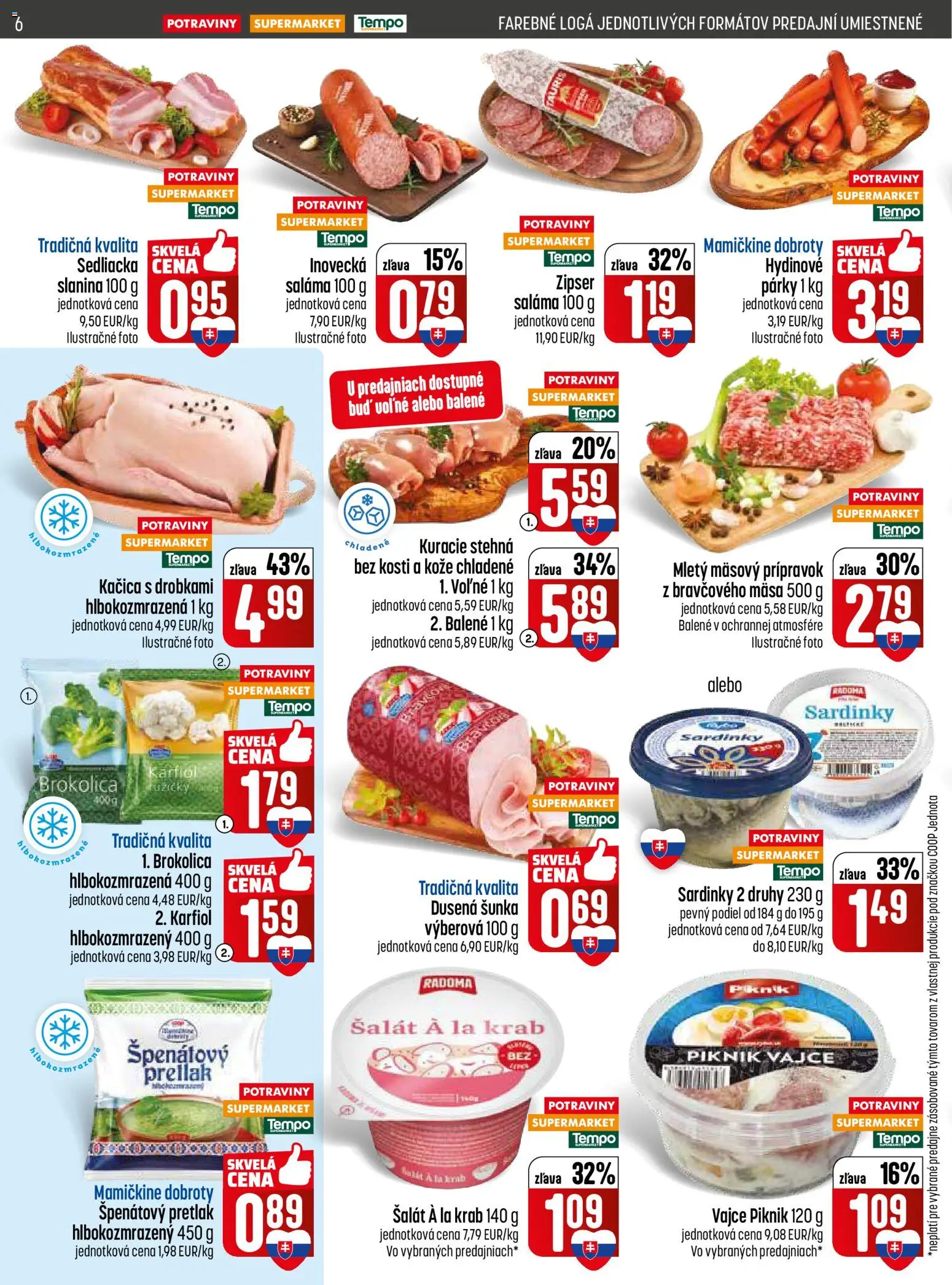Nové COOP Jednota akcie – leták je platný od 09.04.2026 | Strana: 6 | Produkty: Šunka, Slanina, Kačica, Kuracie stehná