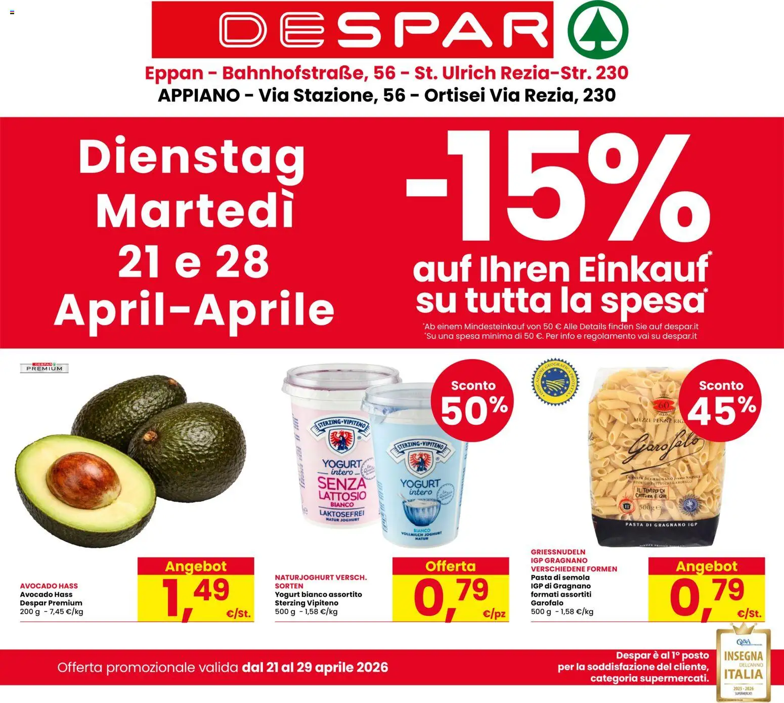 Volantino Despar del 21.04.2026 | Pagina: 1 | Prodotti: Yogurt, Avocado, Pasta, Penne