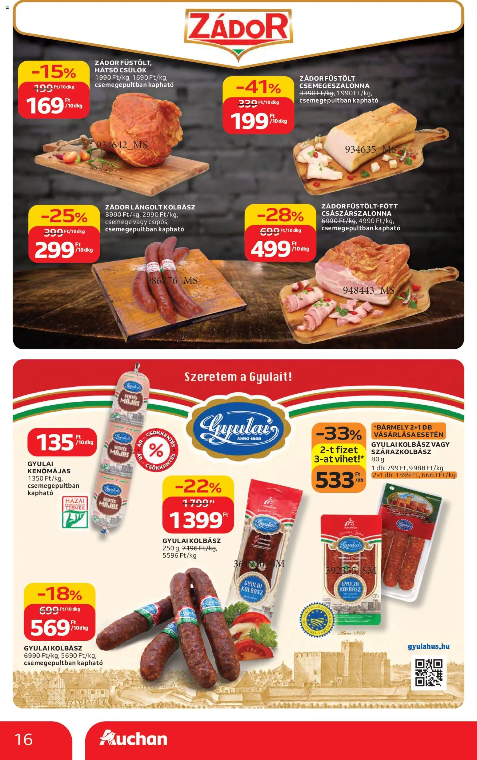 Auchan akciós ujság - amely érvényes a következő dátumtól: 12.02.2026 | Oldal: 16 | Termékek: Kolbász, Kenőmájas, Császárszalonna, Lángolt kolbász