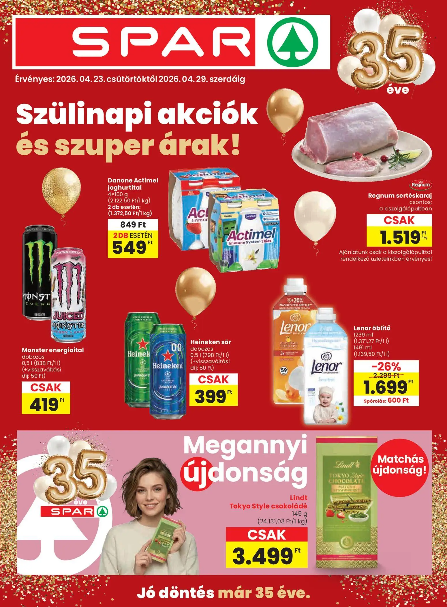 Spar akciós ujság - amely érvényes a következő dátumtól: 23.04.2026 | Oldal: 1 | Termékek: Actimel, Sertéskaraj, Csokoládé, Sör