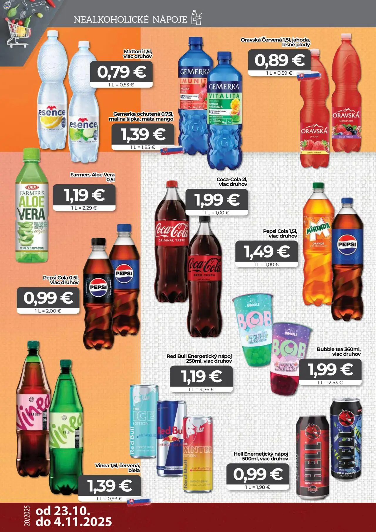 Nové CBA Komfos akcie – leták je platný od 23.10.2025 | Strana: 12 | Produkty: Mattoni, Gemerka, Energetický nápoj, Vinea
