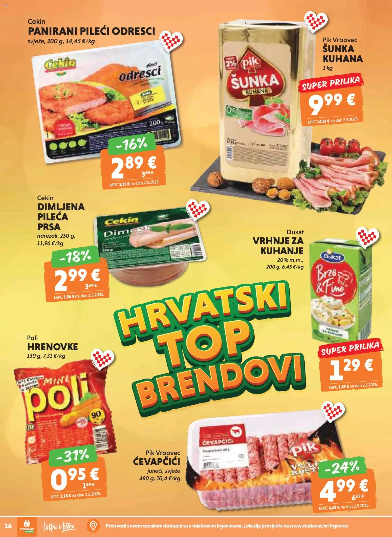 Studenac katalog | vrijedi od 12.11.2025 | Stranica: 16 | Proizvodi: Šunka, Hrenovke, Pik Vrbovec, Pileća prsa