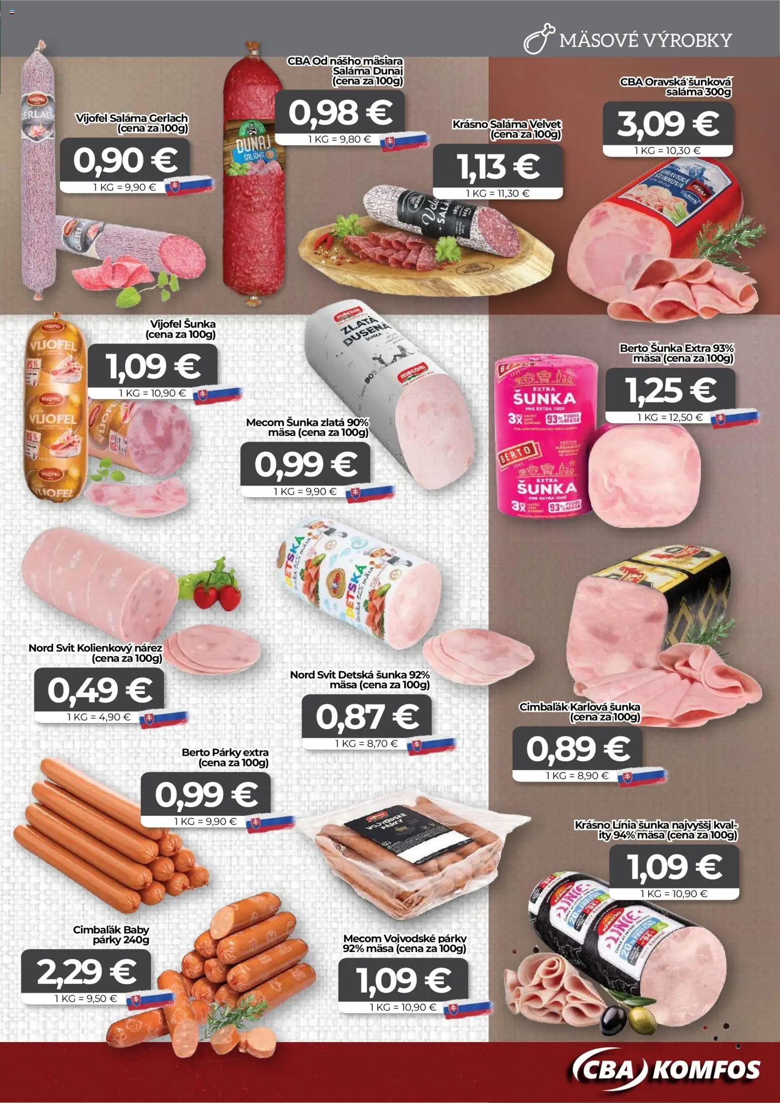 Nové CBA Komfos akcie – leták je platný od 12.12.2025 | Strana: 3 | Produkty: Saláma, Šunka, Párky