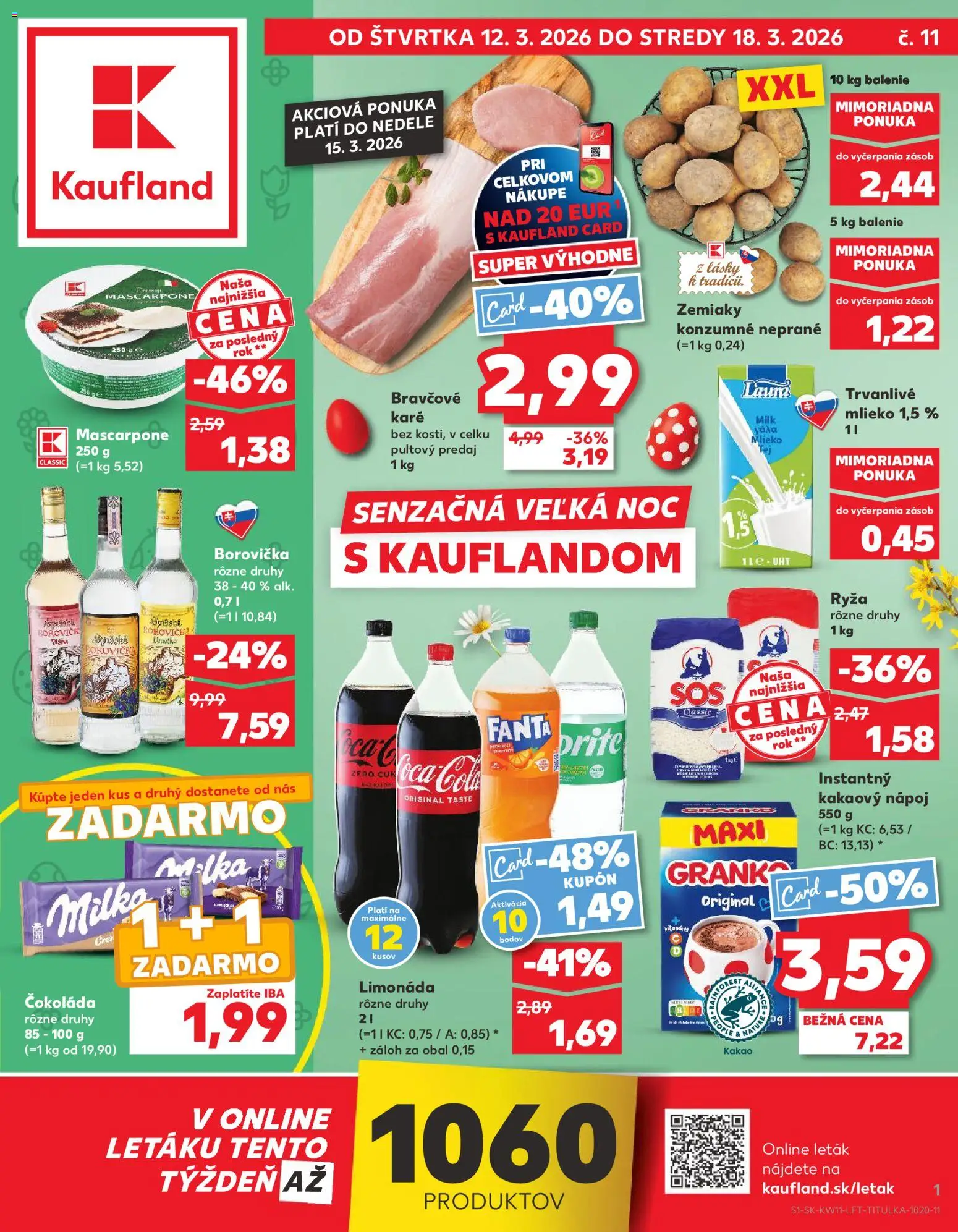 Nové Kaufland akcie – leták je platný od 12.03.2026 | Strana: 1 | Produkty: Cola, Trvanlivé mlieko, Granko, Bravčové karé