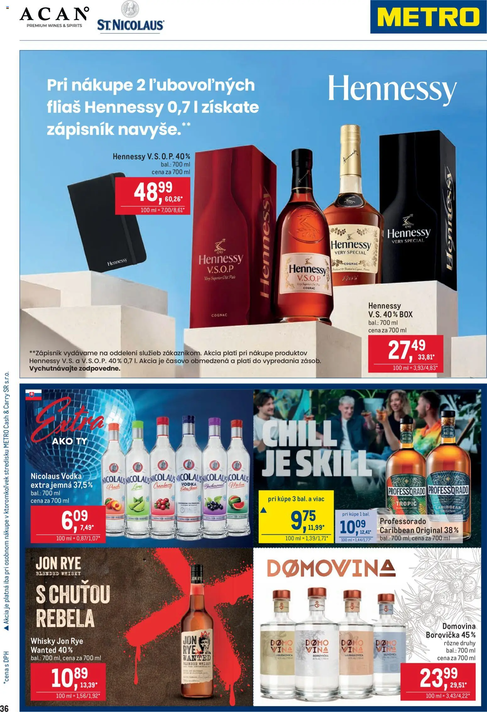 Nové Metro akcie – leták je platný od 25.03.2026 | Strana: 36 | Produkty: Borovička, Vodka, Whisky, Nicolaus vodka