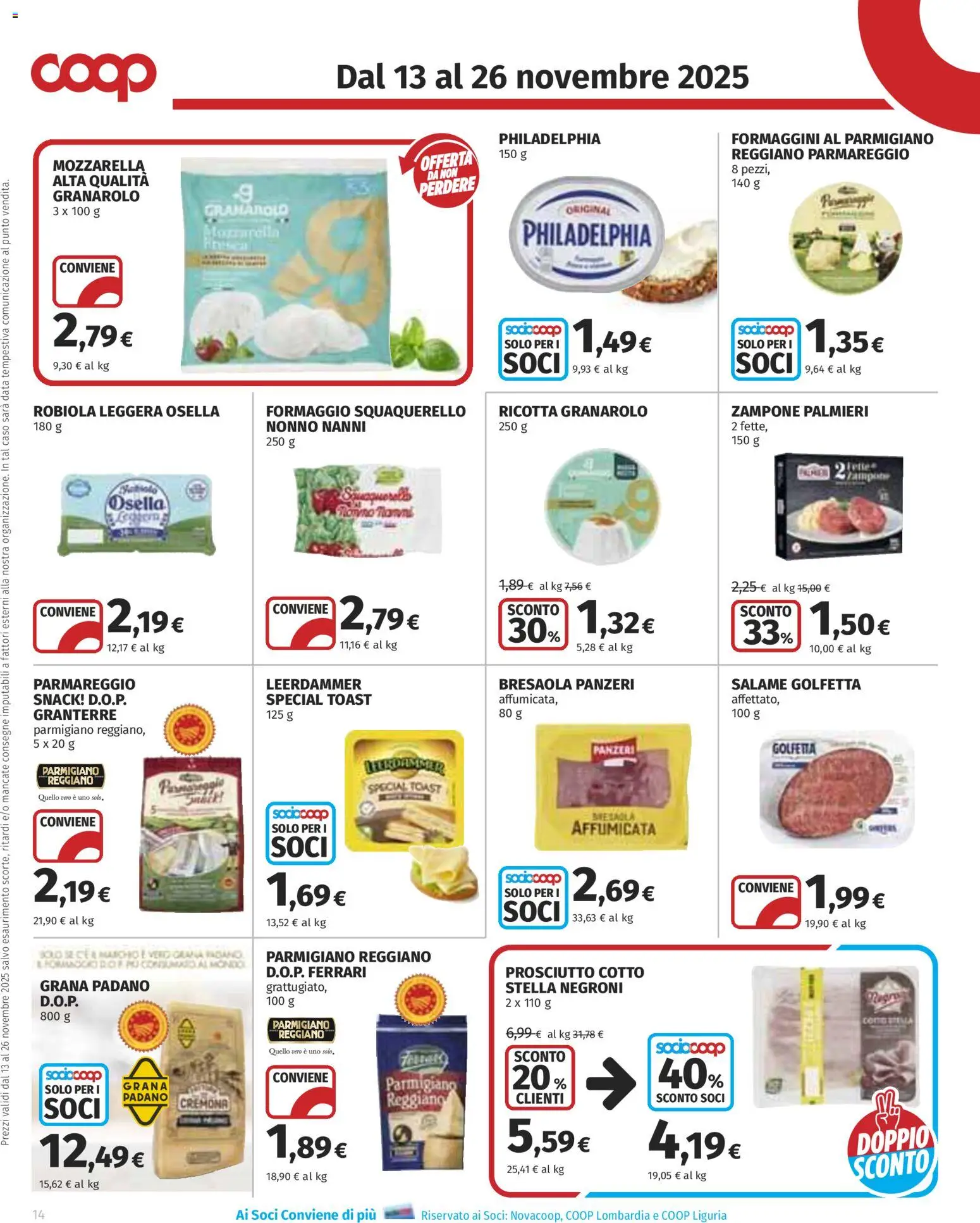 Volantino COOP del 13.11.2025 | Pagina: 14 | Prodotti: Prosciutto Cotto, Formaggio, Data, Parmigiano