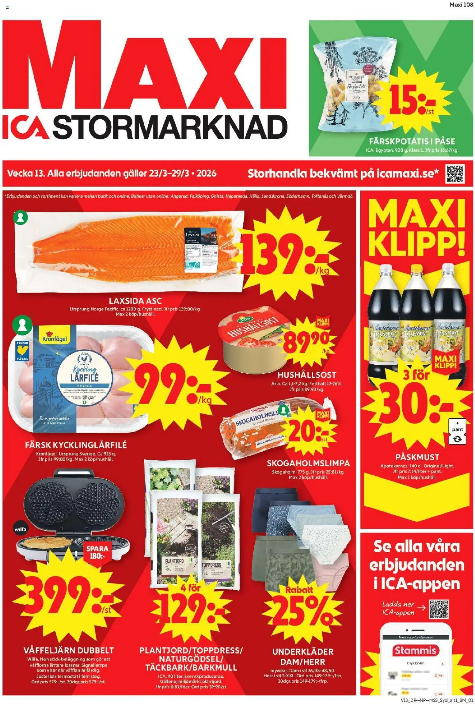 ICA Maxi reklamblad aktuell från 23.03.2026 | Sida: 1 | Produkter: Färskpotatis, Underkläder, Potatis, Våffeljärn