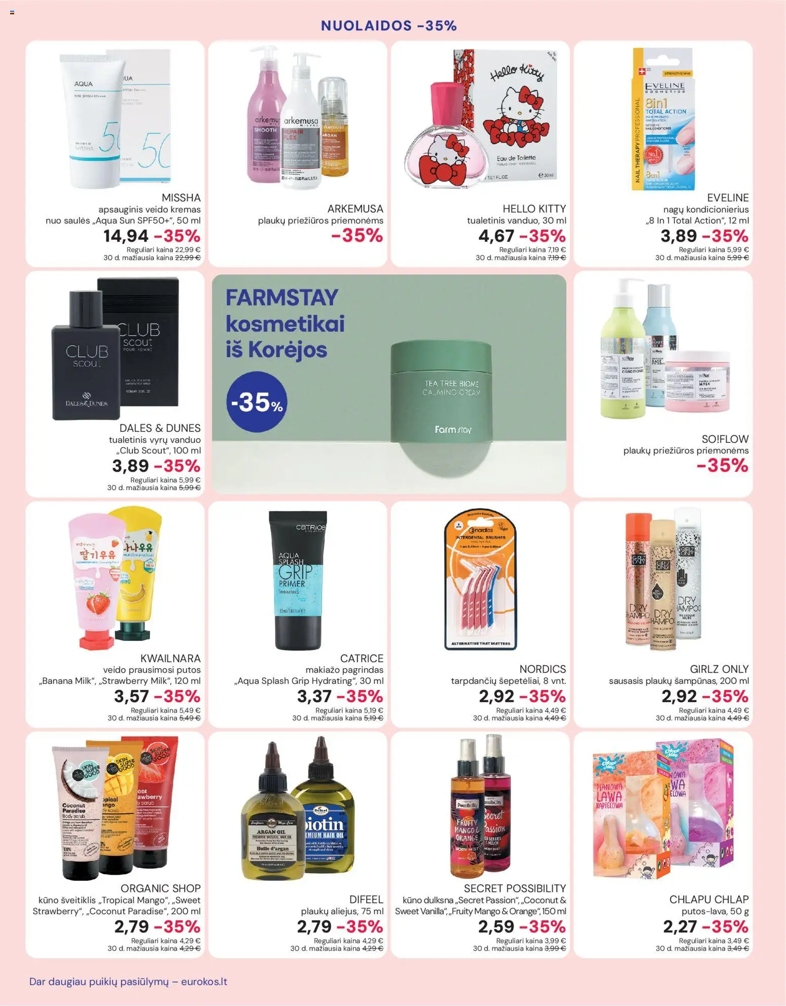 Eurokos akcijos nuo 02.01.2026 | Puslapis: 14 | Prekių: Makiažo pagrindas, Tualetinis vanduo, Plaukų aliejus, Kūno dulksna