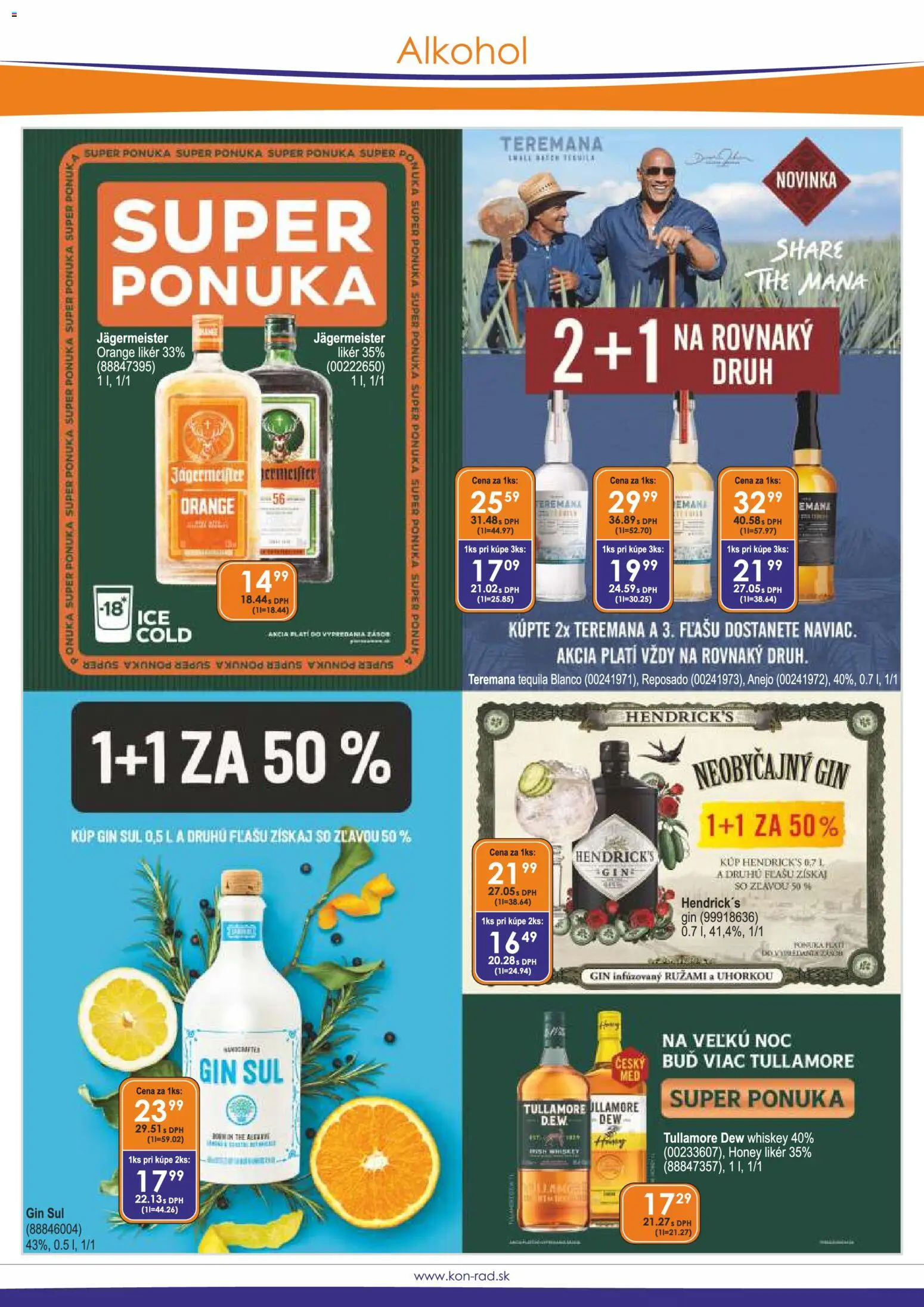 Nové KON - RAD akcie – leták je platný od 01.04.2026 | Strana: 3 | Produkty: Jägermeister, Gin, Tequila, Tullamore Dew