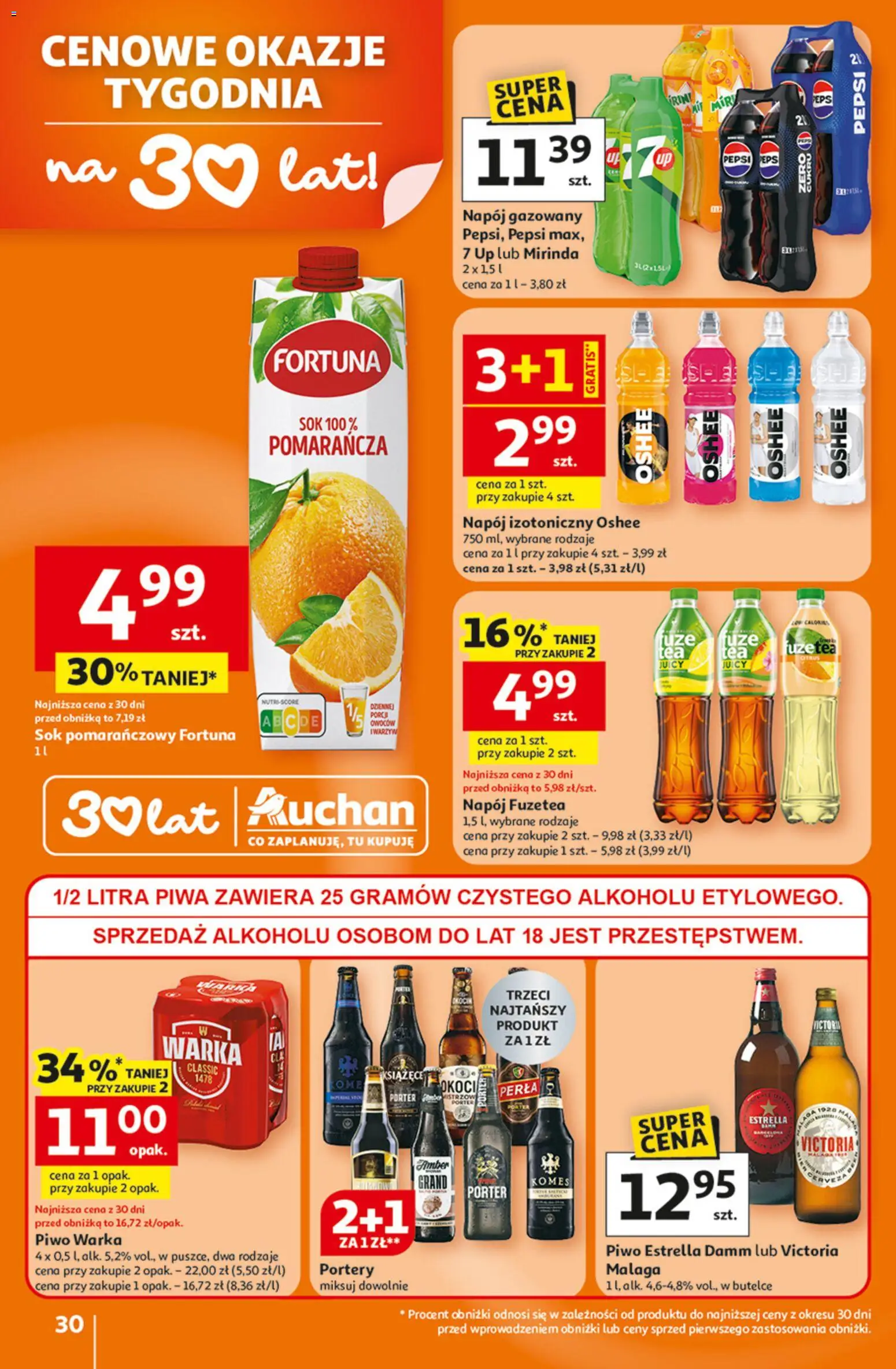 Auchan Gazetka - 30 Lat Hipermarket od 15.01.2026 | Strona: 30 | Produkty: Sok pomarańczowy, Pepsi, Piwo Warka, Sok