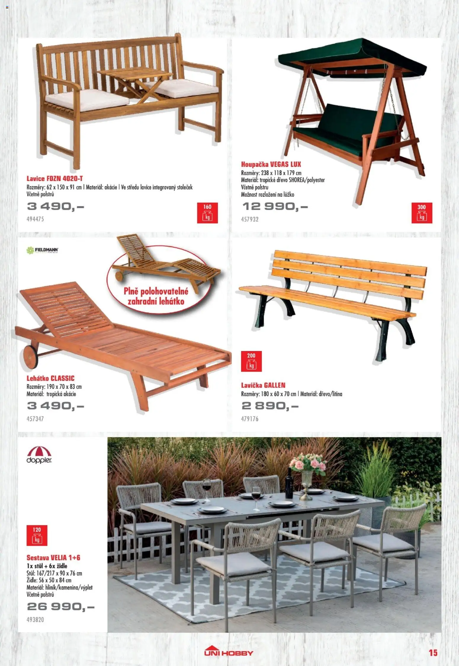 Uni Hobby katalog - Nábytek, grily a bazény 2026 od 10.04.2026 | Strana: 15 | Produkty: Zahradní lehátko, Houpačka, Lehátko, Židle