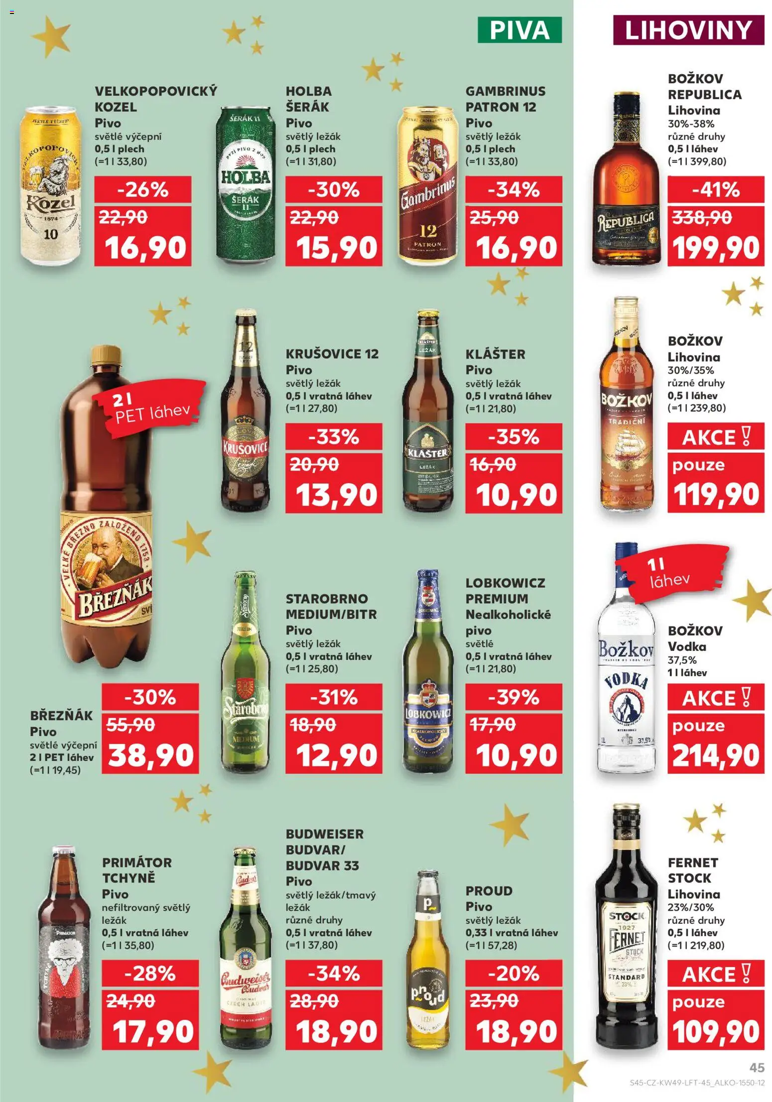 Kaufland leták - Praha 4 od 03.12.2025 | Strana: 45 | Produkty: Velkopopovický Kozel, Krušovice, Budvar 33, Božkov