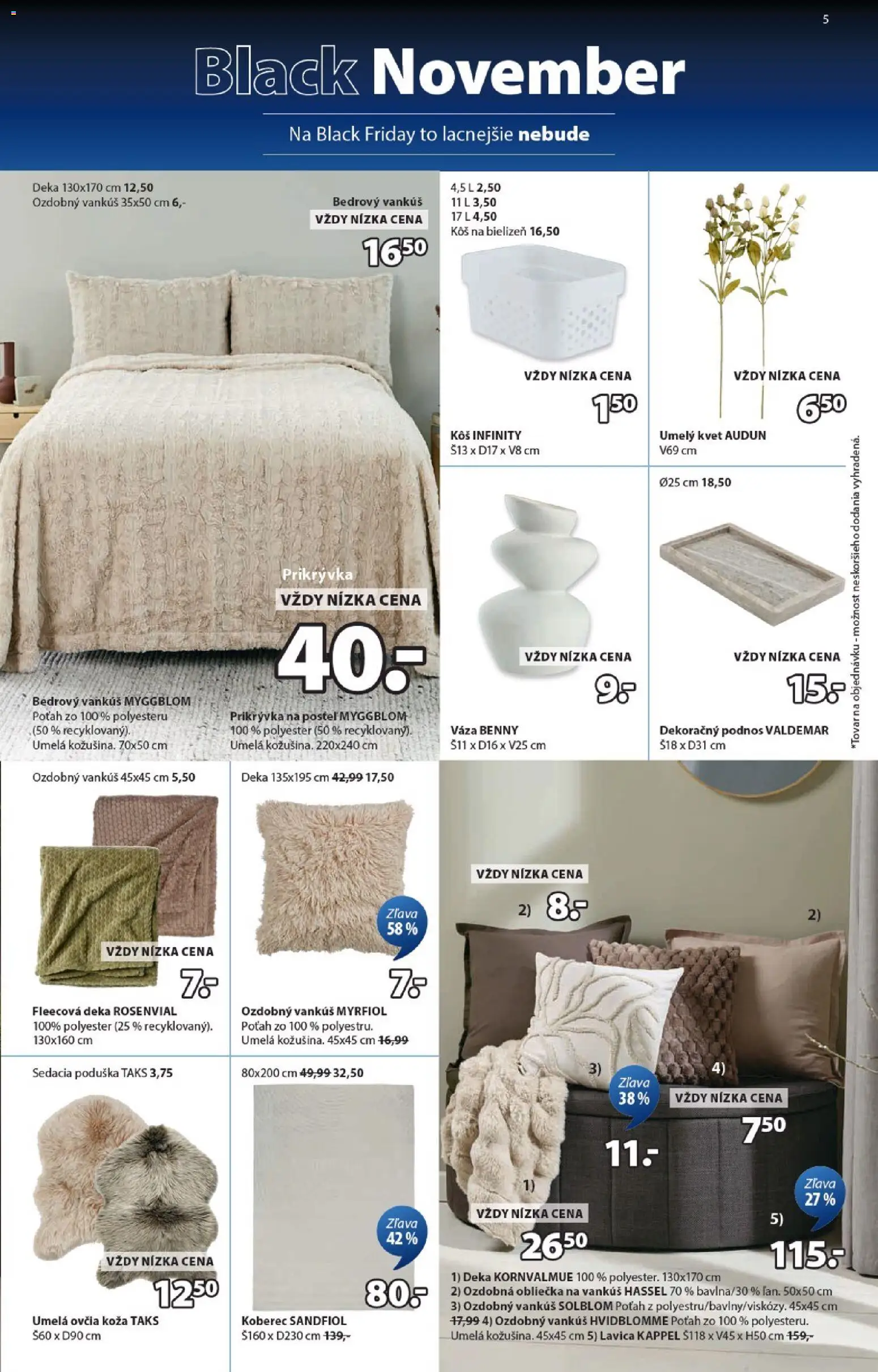Nové JYSK akcie – leták je platný od 10.11.2025 | Strana: 5 | Produkty: Posteľ, Vankúš, Koberec, Kôš na bielizeň