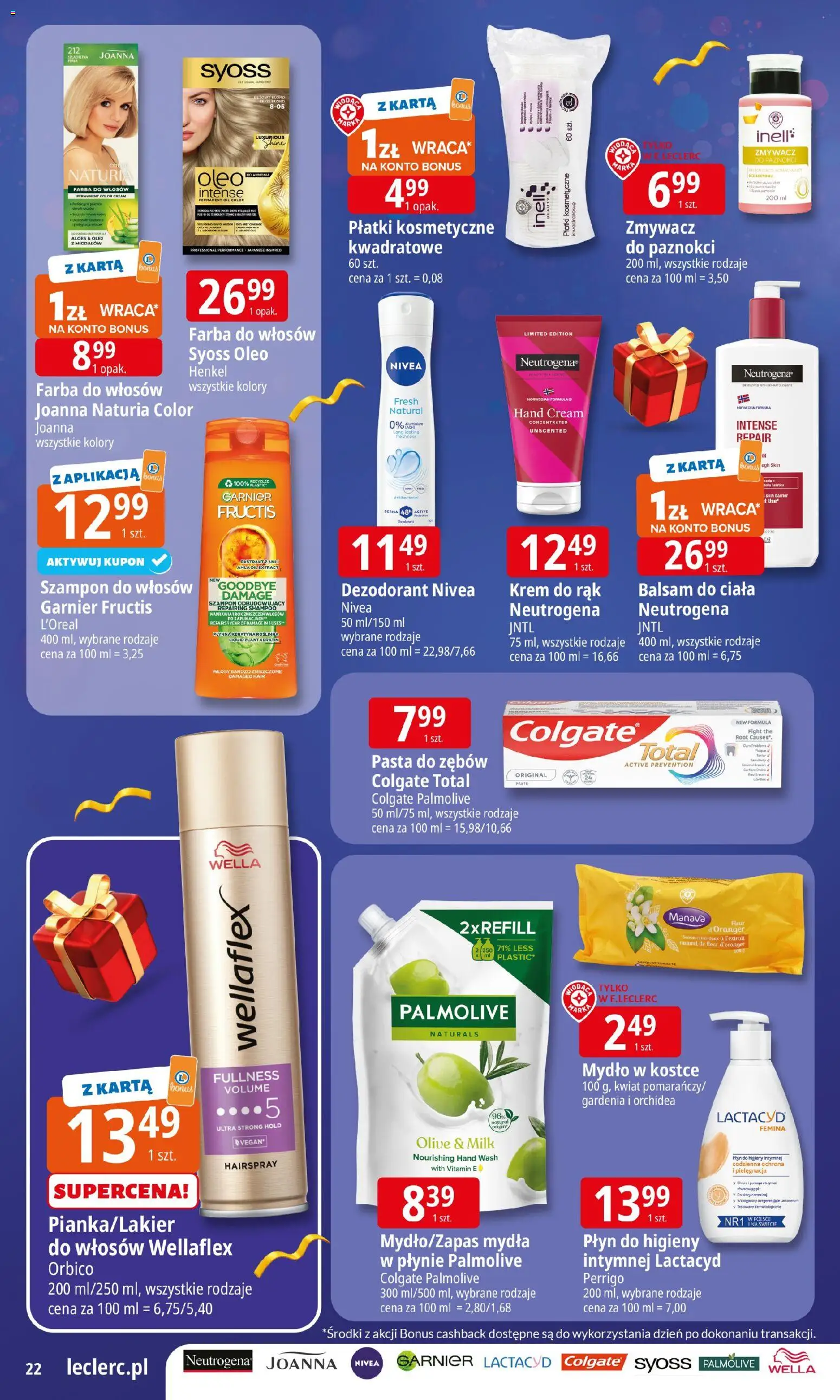 E.Leclerc Gazetka - Prezenty od 02.12.2025 | Strona: 22 | Produkty: Farba do włosów, Aloes, Krem do rąk, Mydło