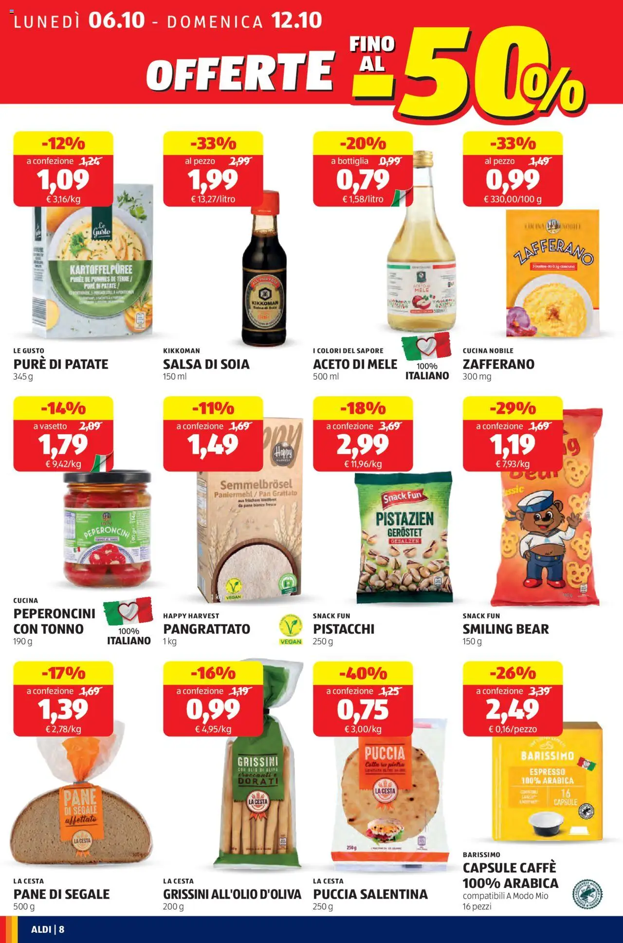 Volantino Aldi del 06.10.2025 | Pagina: 8 | Prodotti: Salsa, Tonno, Aceto, Grissini