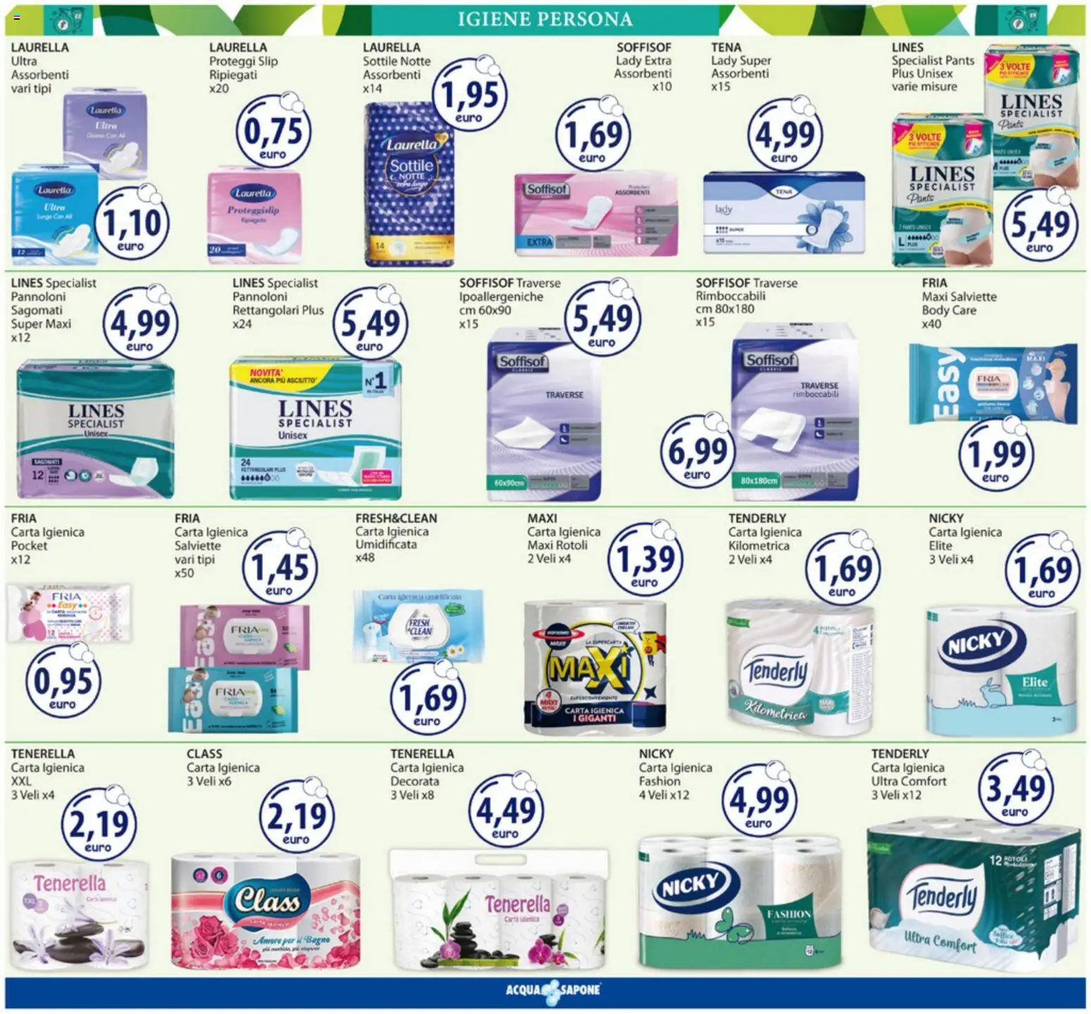 Volantino Acqua e Sapone del 23.03.2026 | Pagina: 12 | Prodotti: Carta igienica, Sapone, Proteggi slip, Bagno