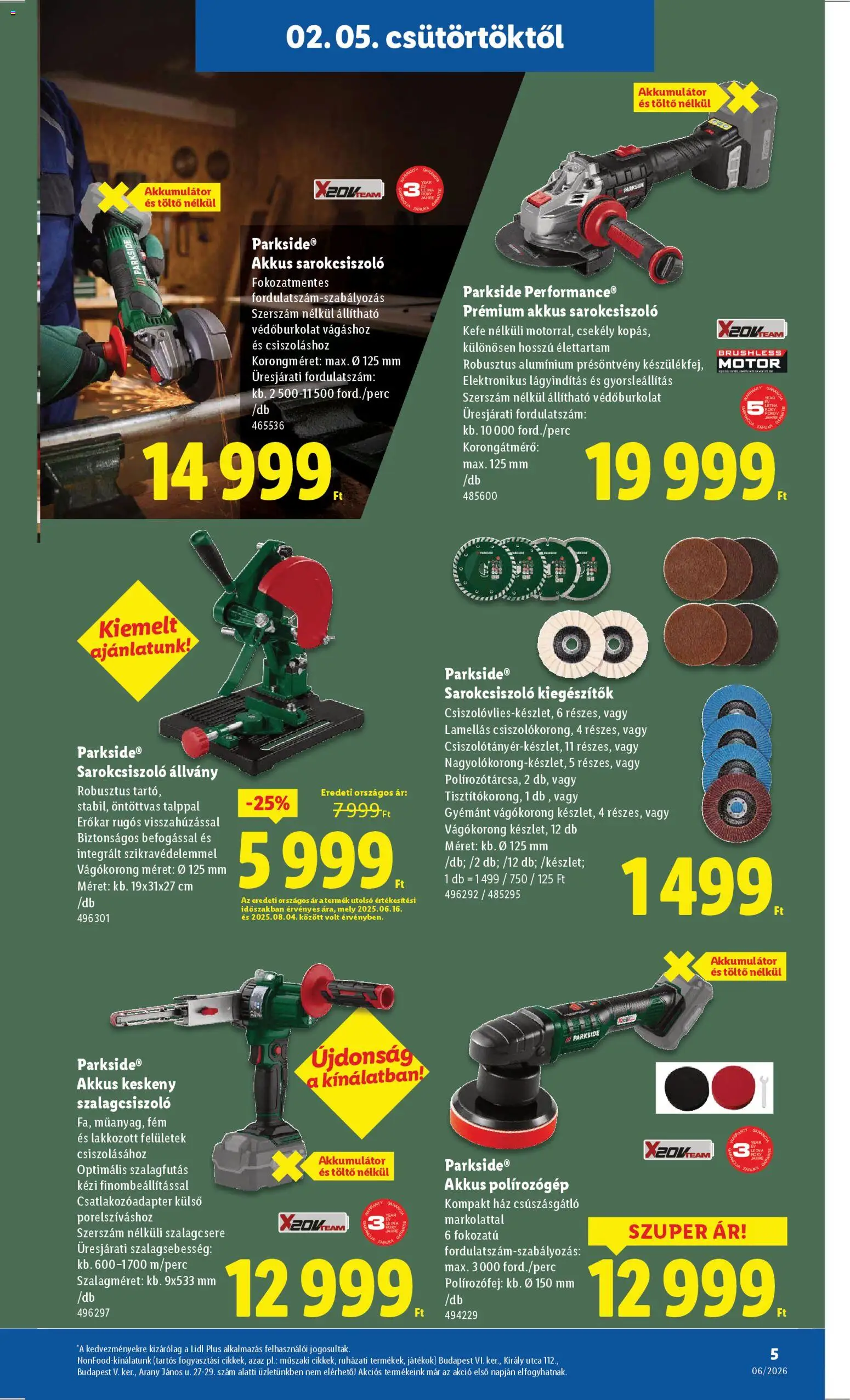 Lidl akciós ujság - amely érvényes a következő dátumtól: 05.02.2026 | Oldal: 5 | Termékek: Sarokcsiszoló, Akkumulátor, Töltő, Kefe