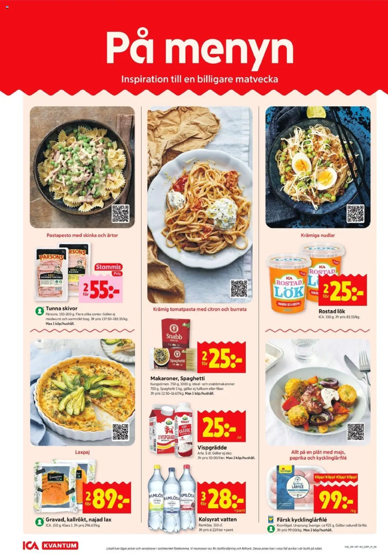 ICA Kvantum reklamblad aktuell från 20.10.2025 | Sida: 4 | Produkter: Burrata, Spaghetti, Ärtor, Vispgrädde