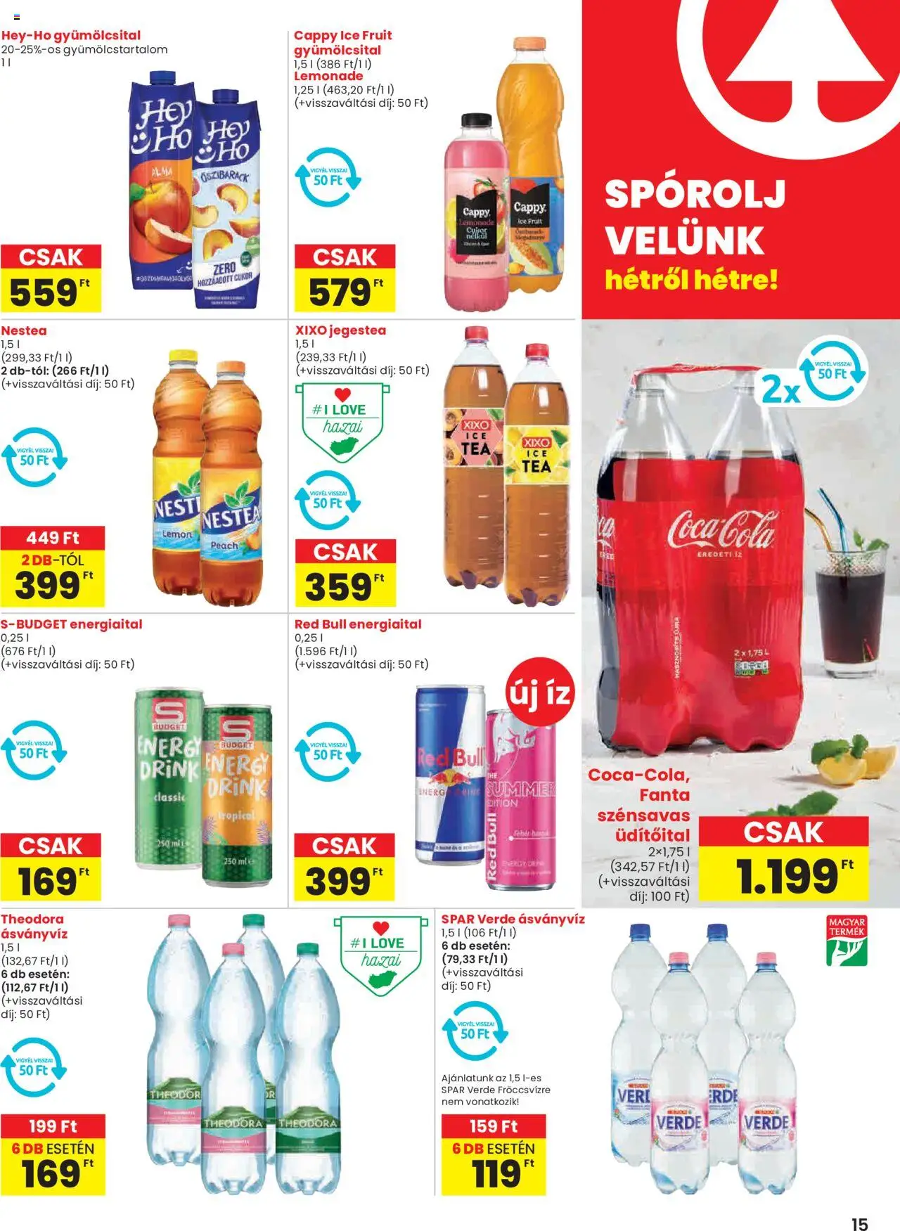 Spar akciós ujság - amely érvényes a következő dátumtól: 19.06.2025 | Oldal: 15 | Termékek: Gyümölcsital, Energiaital, Fanta, Ásványvíz