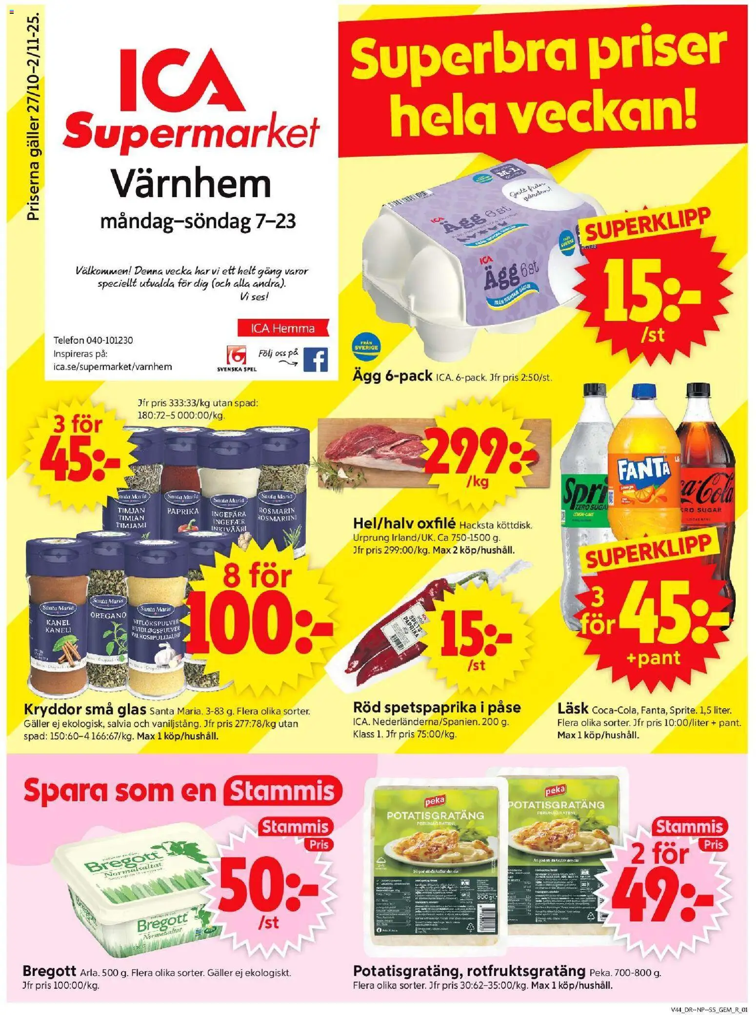 ICA Supermarket reklamblad aktuell från 27.10.2025 | Sida: 1 | Produkter: Galler, Oregano, Kanel, Spel