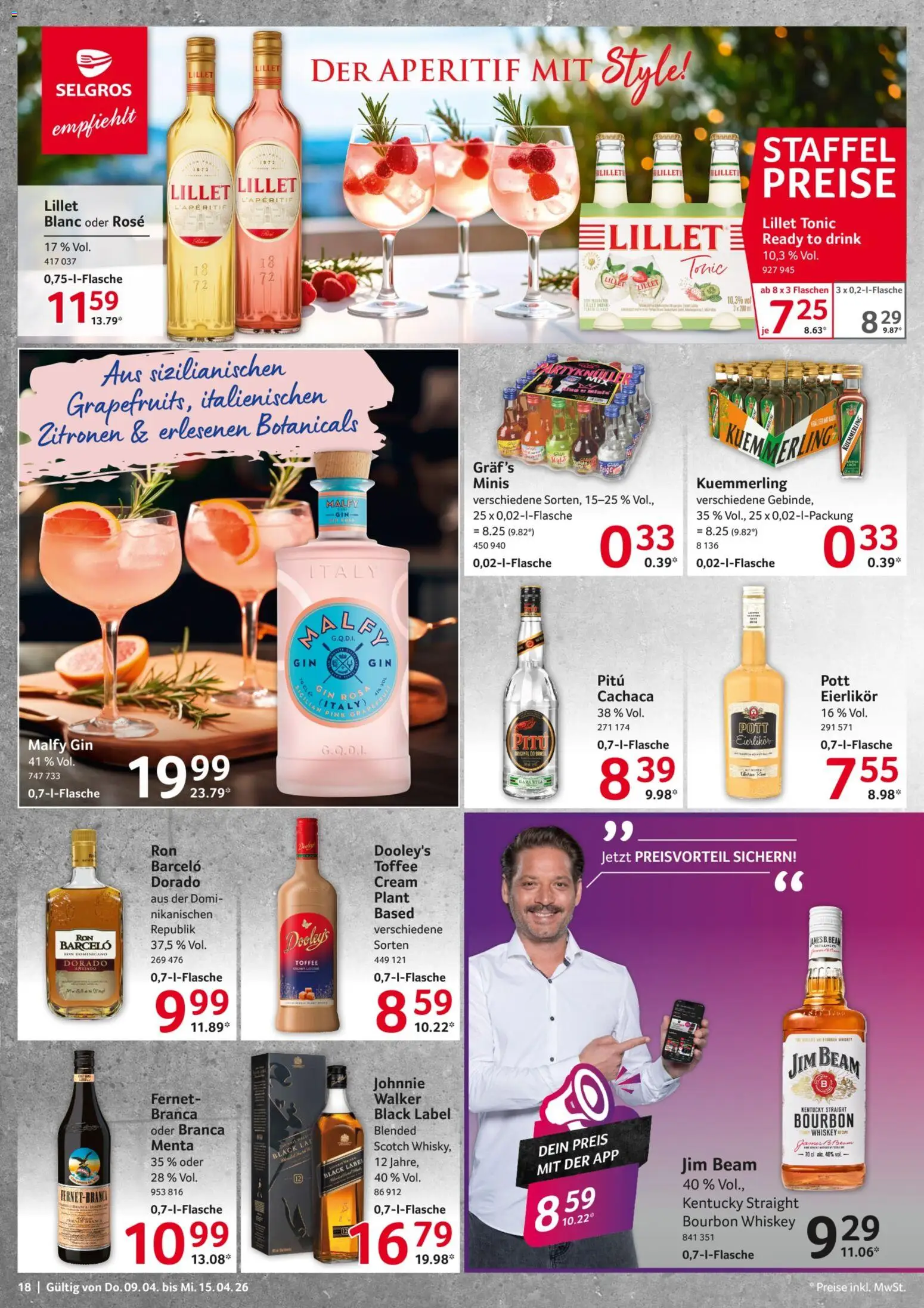 Selgros Prospekt 	 – gültig ab 09.04.2026 | Seite: 18 | Produkte: Jim beam, Lillet, Kuemmerling, Whiskey