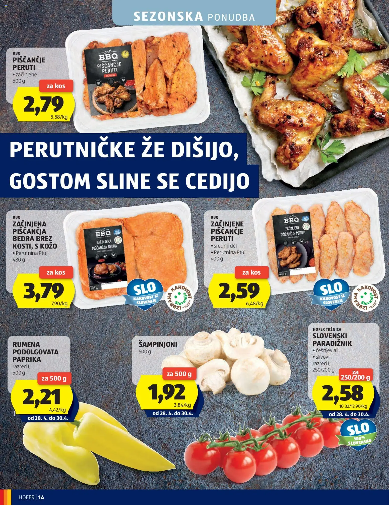 Novi Hofer katalog ponudbe – veljaven od 22.04.2026 | Stran: 14 | Izdelki: Paprika, Piščančja bedra, Kos, Paradiznik