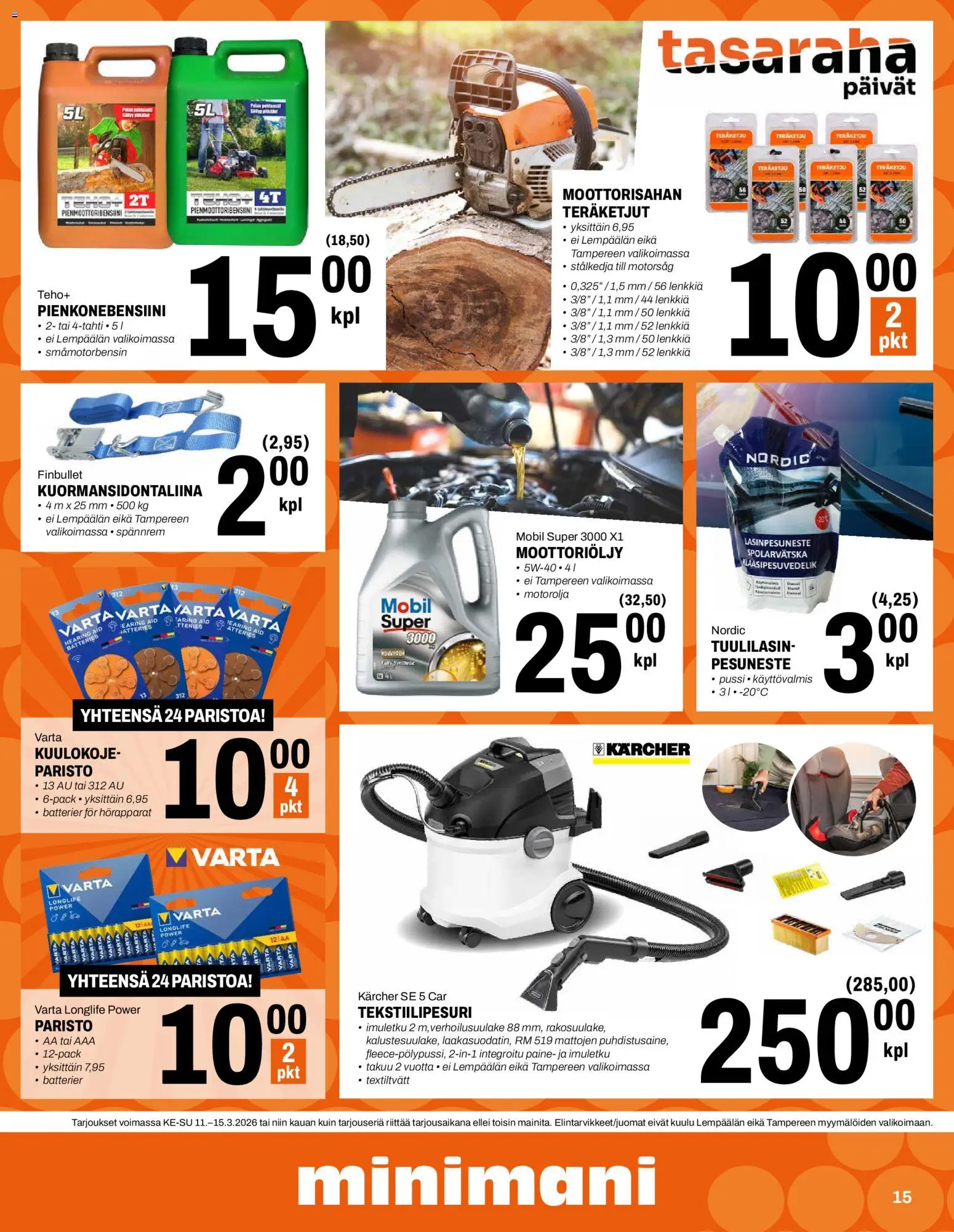 Minimani tarjoukset – voimassa 11.03.2026 alkaen | Sivu: 15 | Tuotteet: Moottoriöljy, Pesuneste, Lasinpesuneste