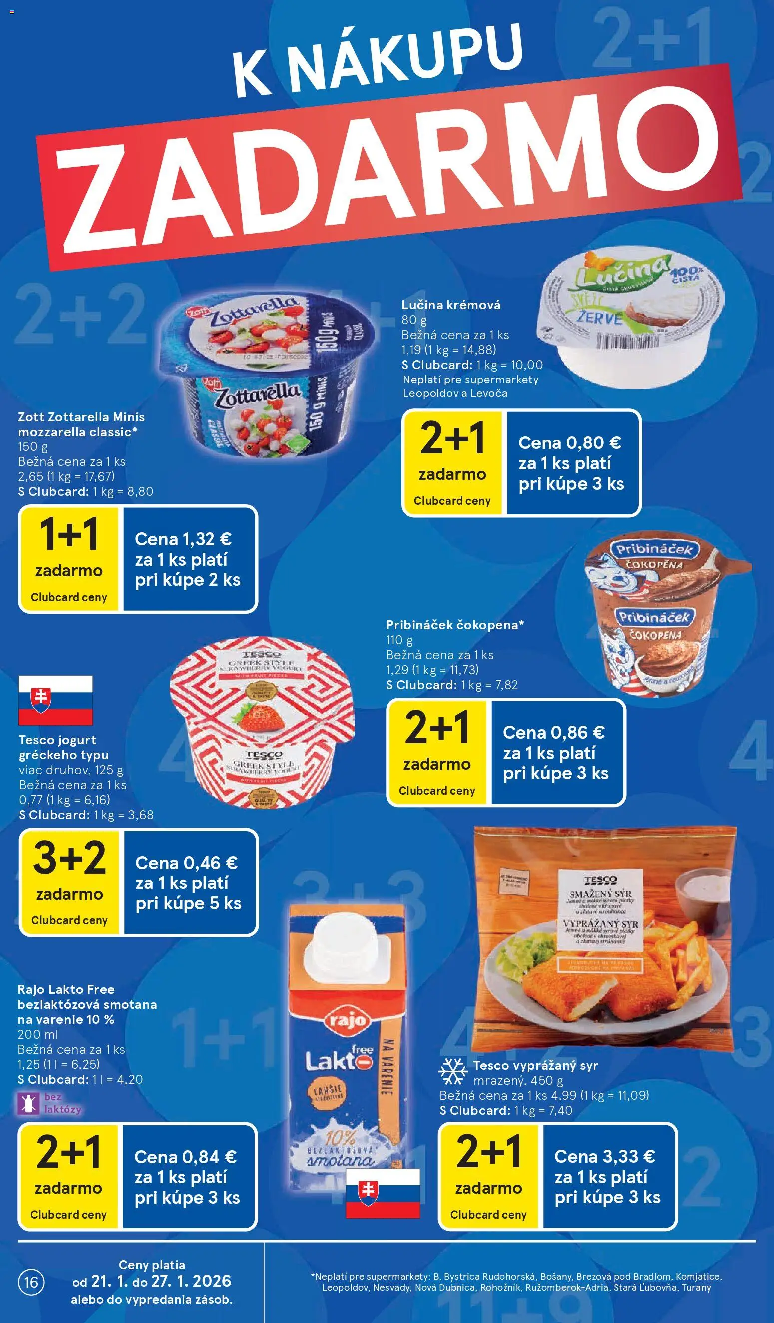 Nové Tesco akcie – leták je platný od 21.01.2026 | Strana: 16 | Produkty: Syr, Jogurt, Smotana, Mozzarella